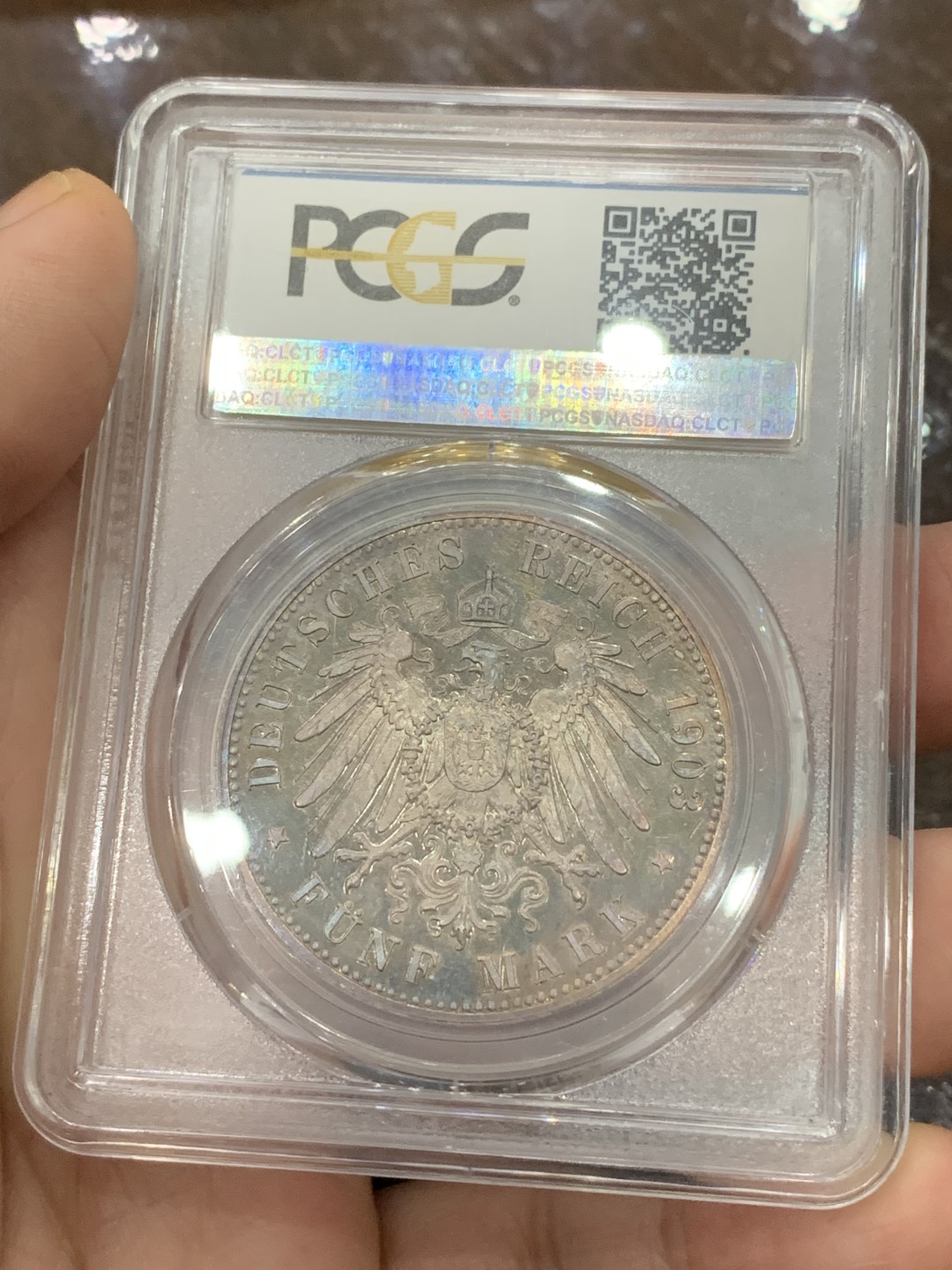 《竞宝斋》第113场-周日，周一 ，2场连拍（全场包邮） PCGS-PR64CAM,德国1903年萨克森阿尔登堡，50周年登基纪念精制5马克银币，发行量少，很亮的小镜子，反面轻度五彩