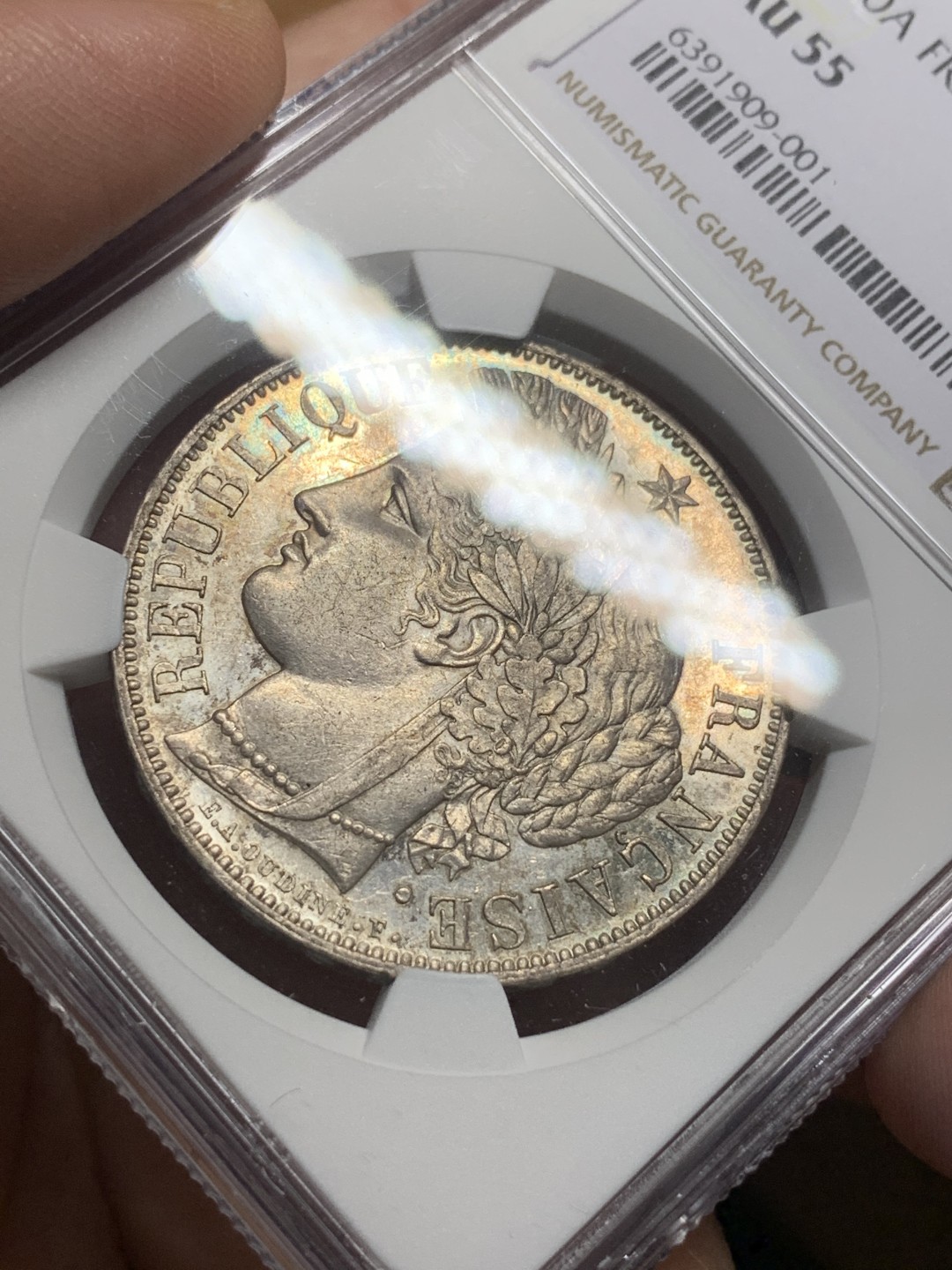 《竞宝斋》第113场-周日，周一 ，2场连拍（全场包邮） NGC AU55 法国 1850年 谷物女神 5法郎 银币 金绿色包浆 状态好