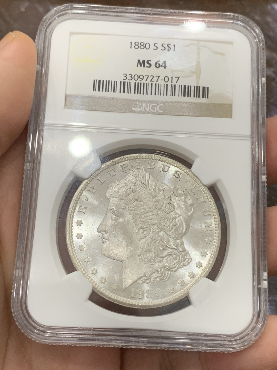 《竞宝斋》第113场-周日，周一 ，2场连拍（全场包邮） NGC MS64 美国 1880年 摩根壹元 大银币 整体白净 N老盒 可藏