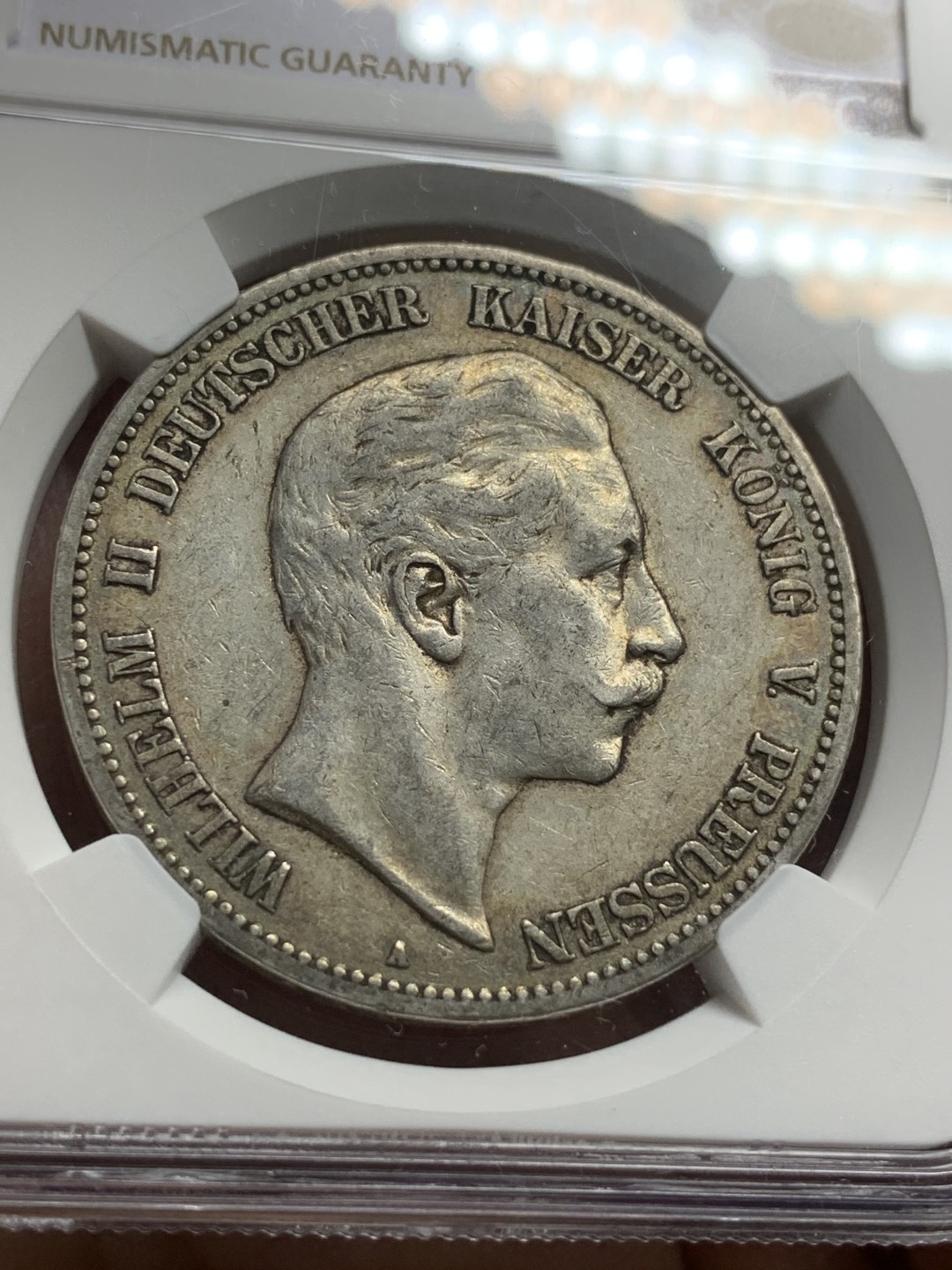 《竞宝斋》第113场-周日，周一 ，2场连拍（全场包邮） NGC-AU50 德国普鲁士 1902年 威廉二世 5马克大银币 原味好品 出分难