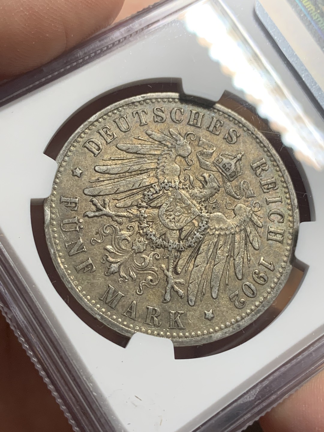 《竞宝斋》第113场-周日，周一 ，2场连拍（全场包邮） NGC-AU50 德国普鲁士 1902年 威廉二世 5马克大银币 原味好品 出分难