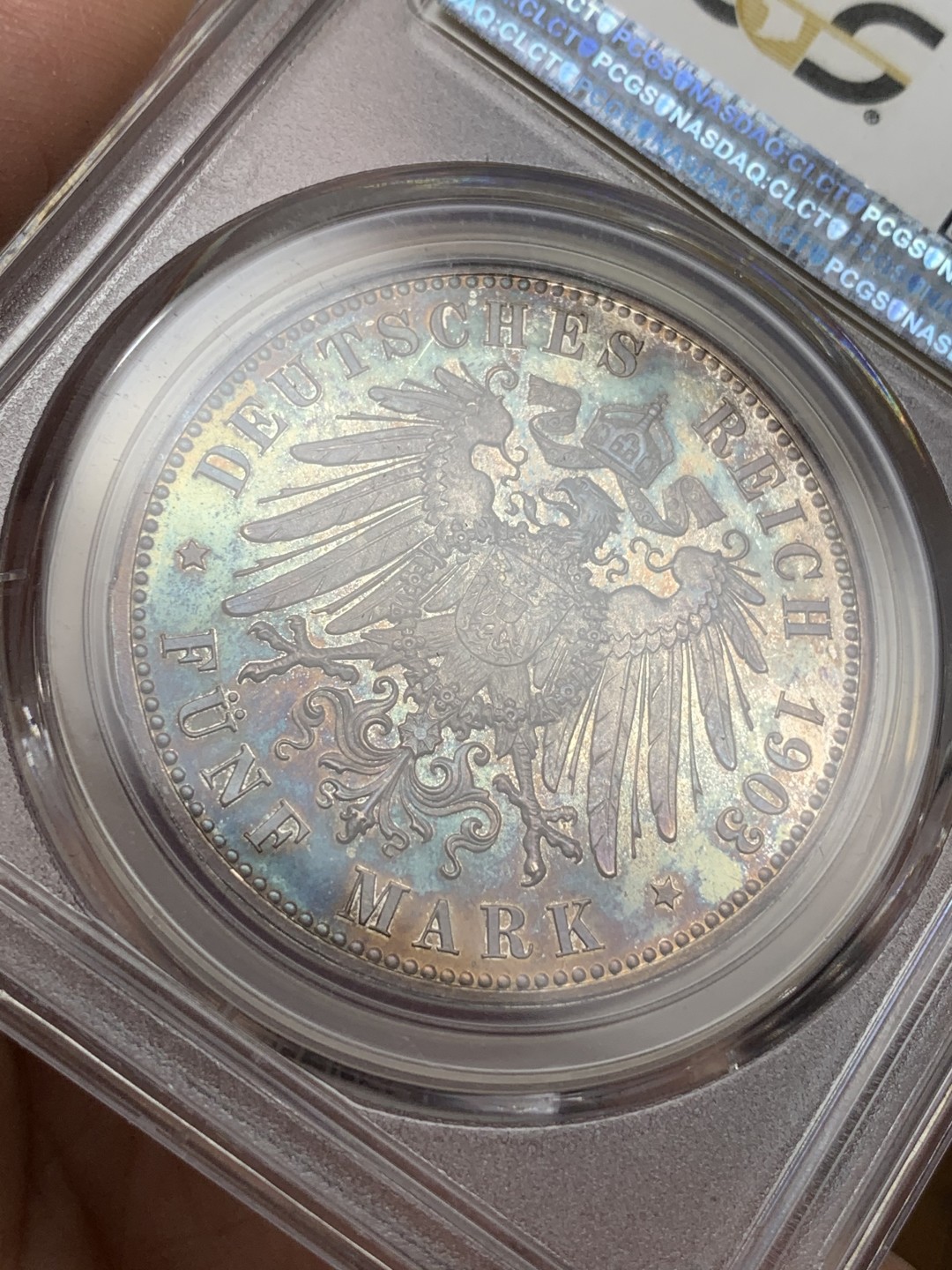 《竞宝斋》第113场-周日，周一 ，2场连拍（全场包邮） PCGS-PR64CAM,德国1903年萨克森阿尔登堡，50周年登基纪念精制5马克银币，发行量少，很亮的小镜子，反面轻度五彩