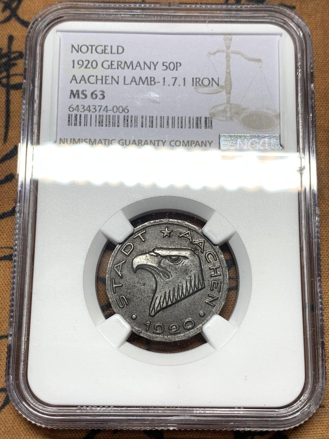 《竞宝斋》第113场-周日，周一 ，2场连拍（全场包邮） NGC-MS63 德紧小名誉品 德国亚琛1920年大嘴鹰50芬尼铁币 NGC亚军分！只有2枚更高分！