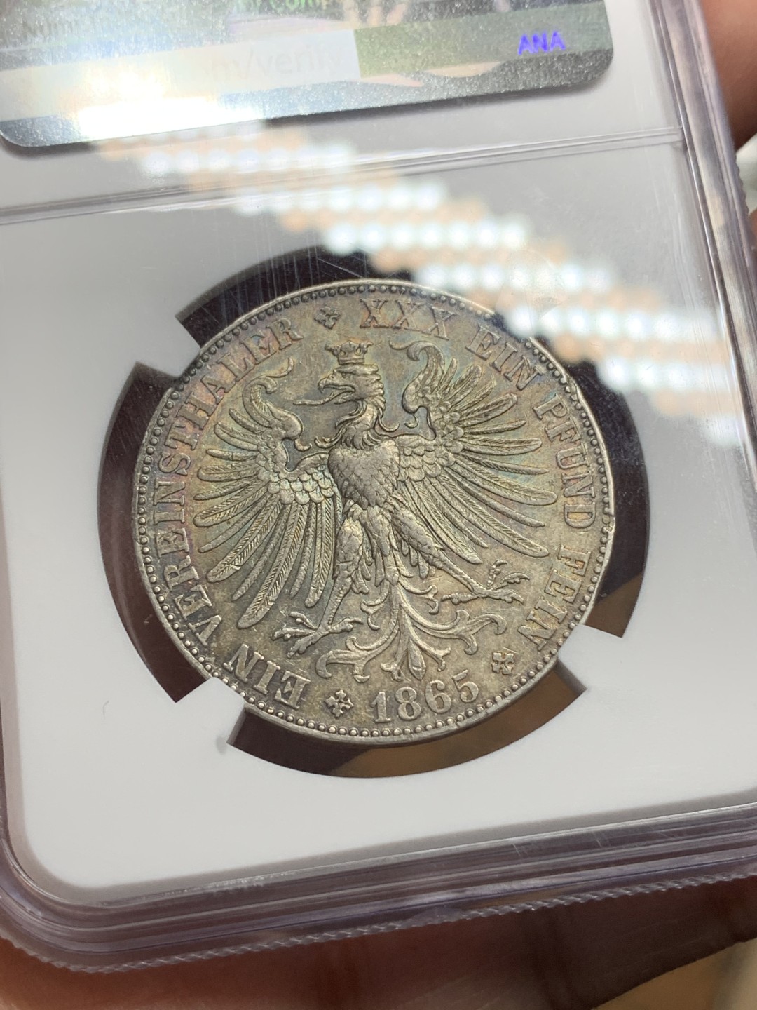 《竞宝斋》第113场-周日，周一 ，2场连拍（全场包邮） NGC-AU53 德国 1865年法兰克福少女泰勒银币原味包浆 背面五彩