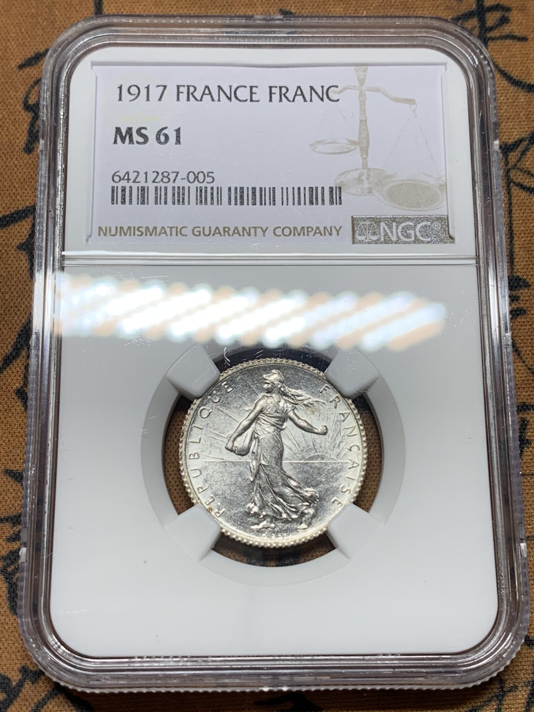《竞宝斋》第113场-周日，周一 ，2场连拍（全场包邮） NGC MS61法国1917年播种1法郎美品银币