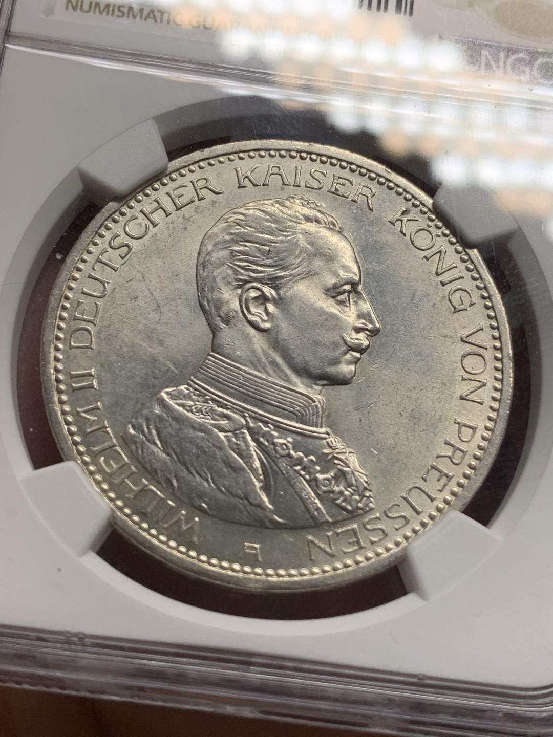 《竞宝斋》第113场-周日，周一 ，2场连拍（全场包邮） NGC MS61  德国 1913年 普鲁士 威廉二世 军装版5马克，强转光，底板清晰，低评