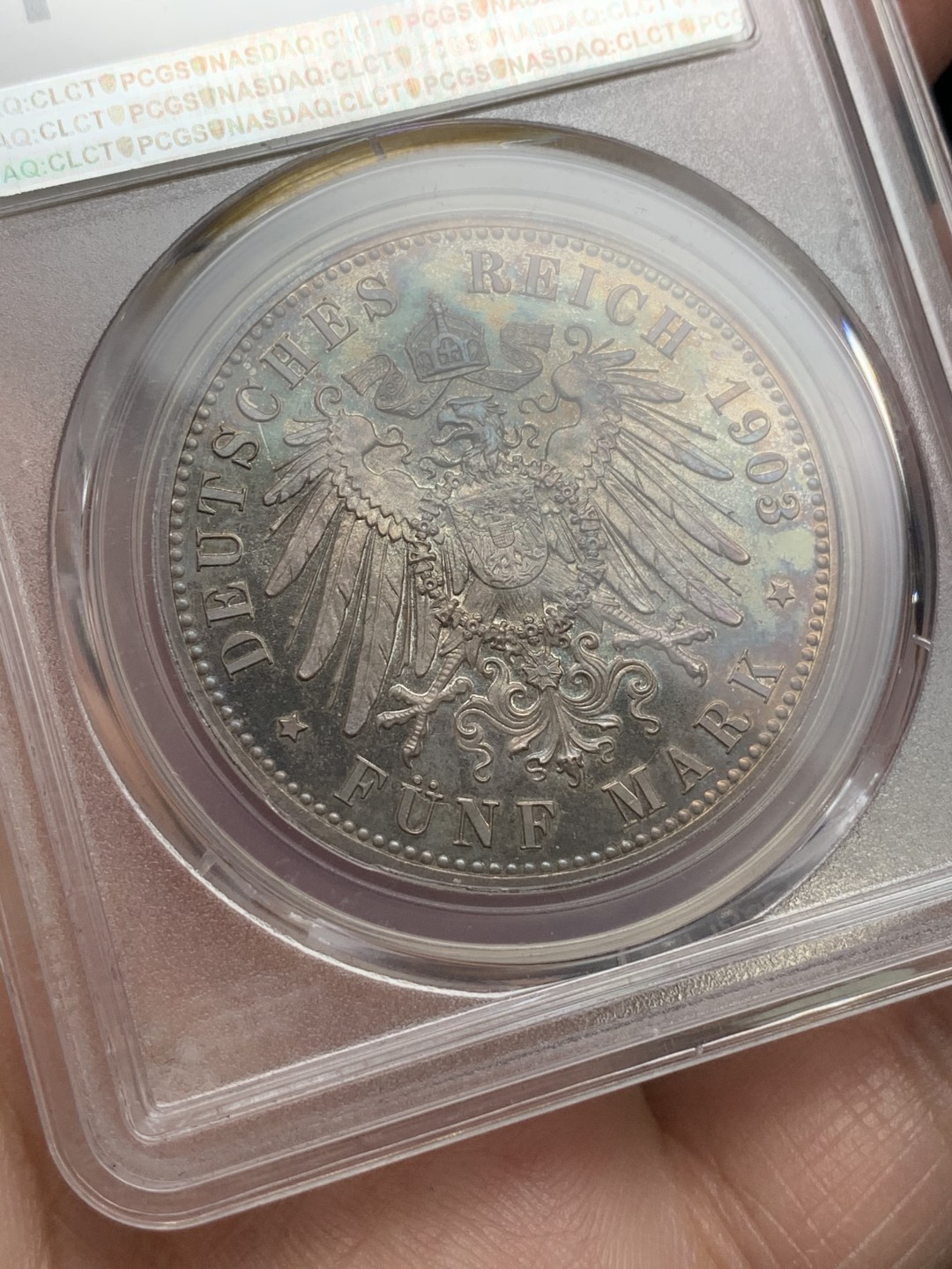 《竞宝斋》第113场-周日，周一 ，2场连拍（全场包邮） PCGS-PR64CAM,德国1903年萨克森阿尔登堡，50周年登基纪念精制5马克银币，发行量少，很亮的小镜子，反面轻度五彩
