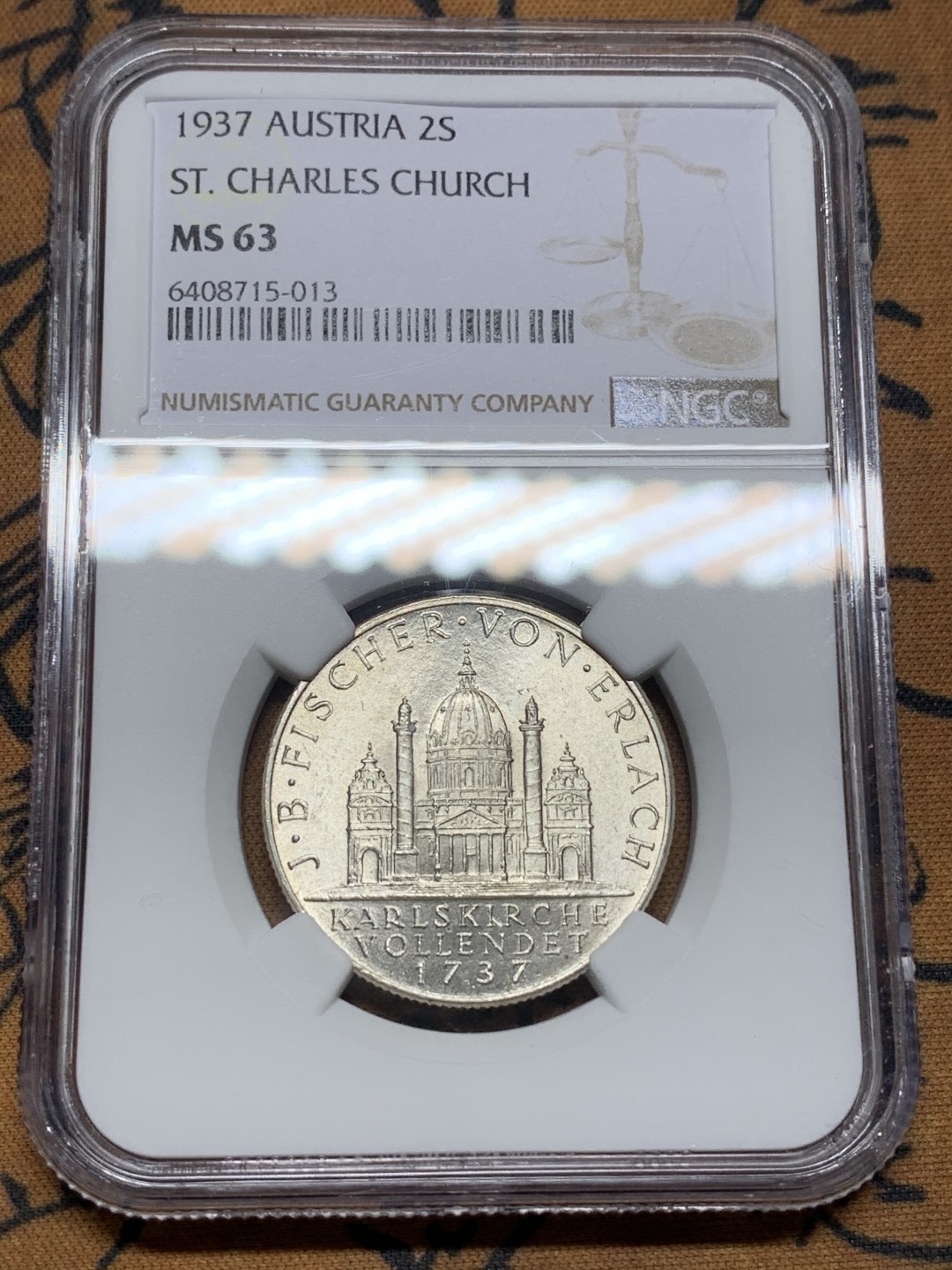 《竞宝斋》第113场-周日，周一 ，2场连拍（全场包邮） NGC-MS63 奥地利1937年 圣夏勒堂 早期2先令银币 原光好品