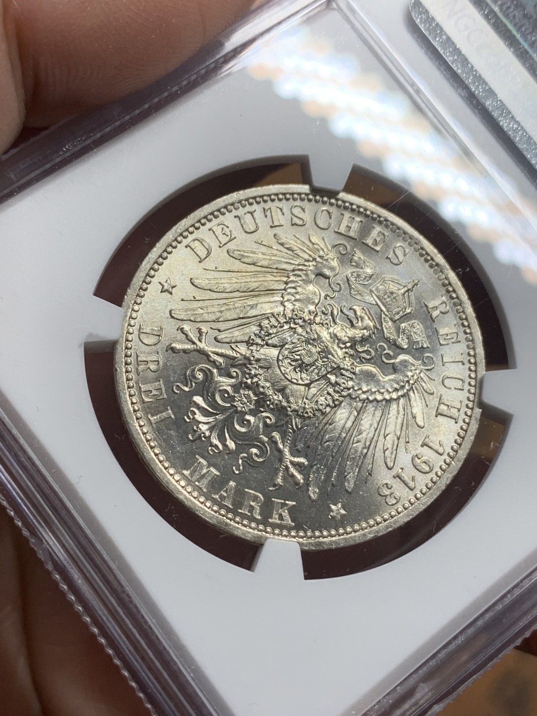 《竞宝斋》第113场-周日，周一 ，2场连拍（全场包邮） NGC-MS63 德国普鲁士 1913年 军装版威廉二世 3马克银币 原光好品 一流的状态