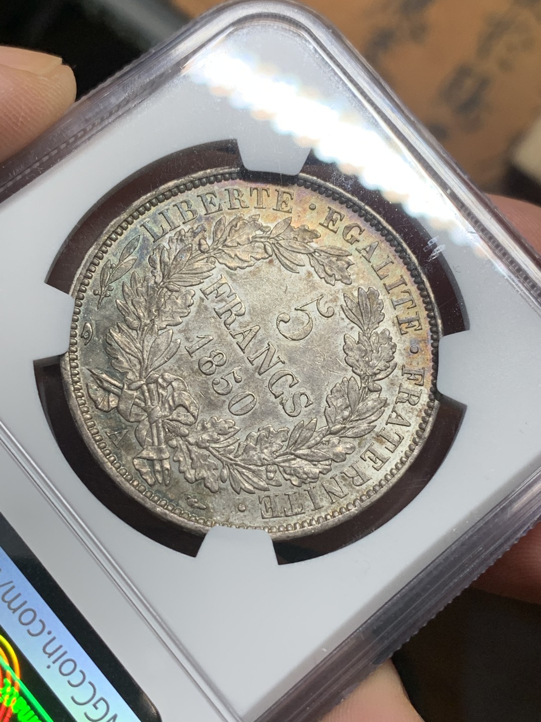 《竞宝斋》第113场-周日，周一 ，2场连拍（全场包邮） NGC AU55 法国 1850年 谷物女神 5法郎 银币 金绿色包浆 状态好