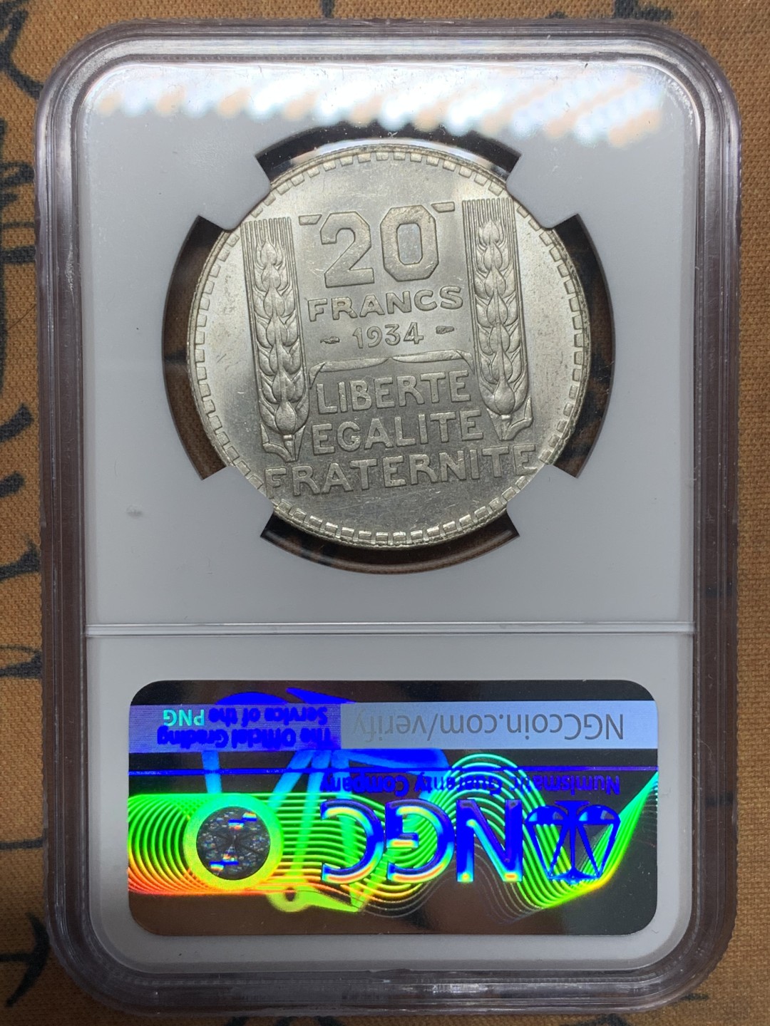 《竞宝斋》第113场-周日，周一 ，2场连拍（全场包邮） NGC-MS64 法国1934年 谷物女神20法郎 大银币 粉光顶级状态 非常难得