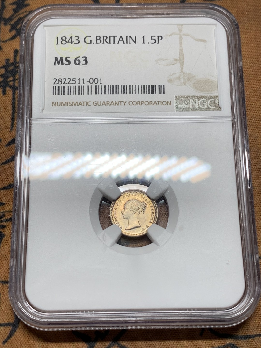 《竞宝斋》第113场-周日，周一 ，2场连拍（全场包邮） NGC MS-63 英国维多利亚 1843年 1.5便士，银币，高分好品相