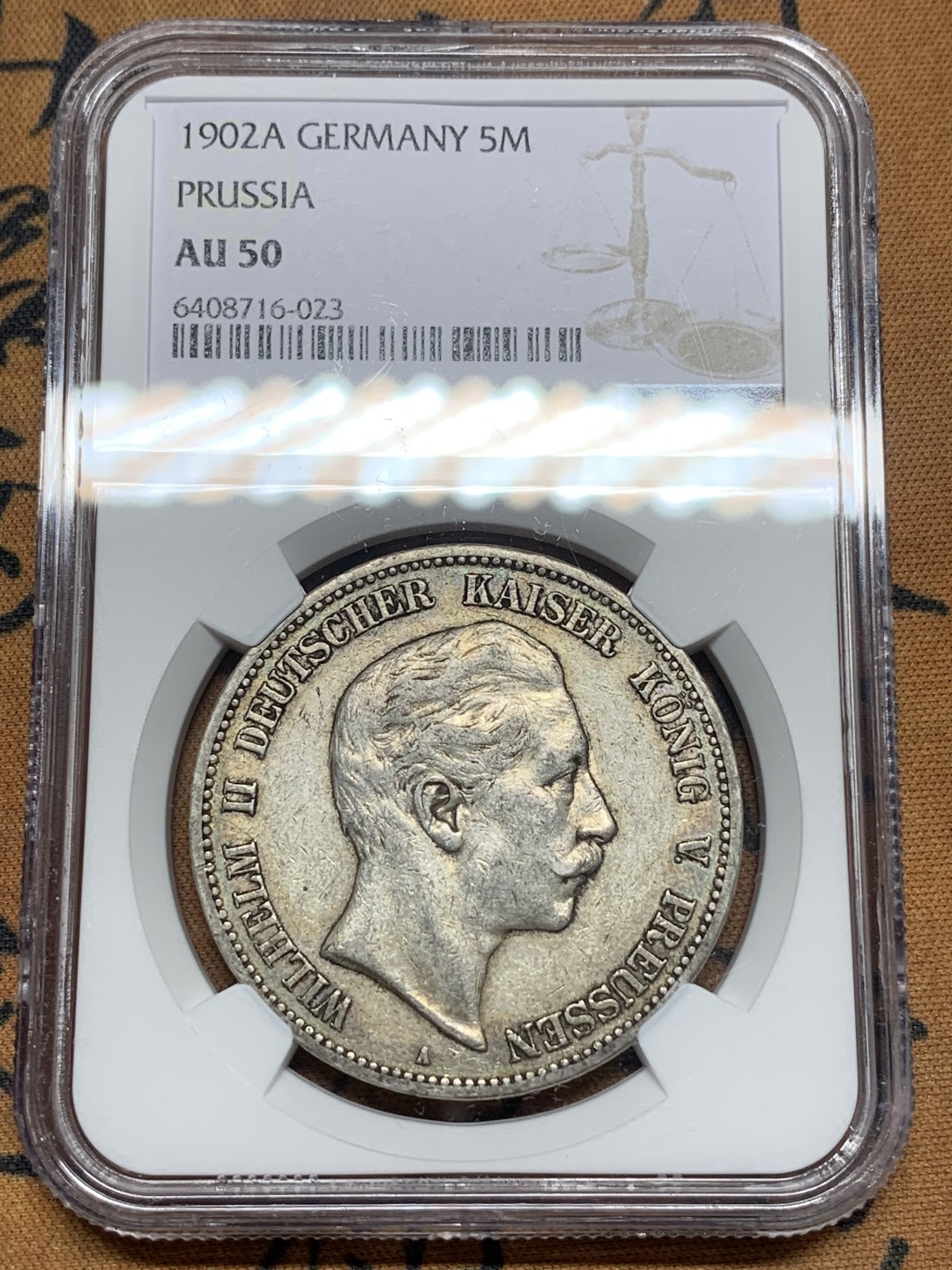 《竞宝斋》第113场-周日，周一 ，2场连拍（全场包邮） NGC-AU50 德国普鲁士 1902年 威廉二世 5马克大银币 原味好品 出分难