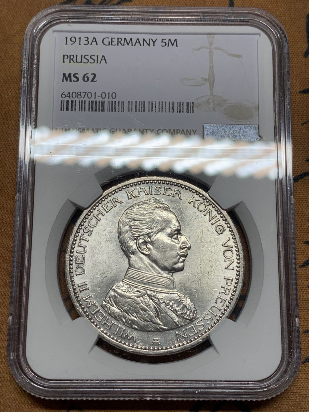 《竞宝斋》第113场-周日，周一 ，2场连拍（全场包邮） NGC-MS62 德国普鲁士 1913年 军装版威廉二世 5马克大银币 原光好品