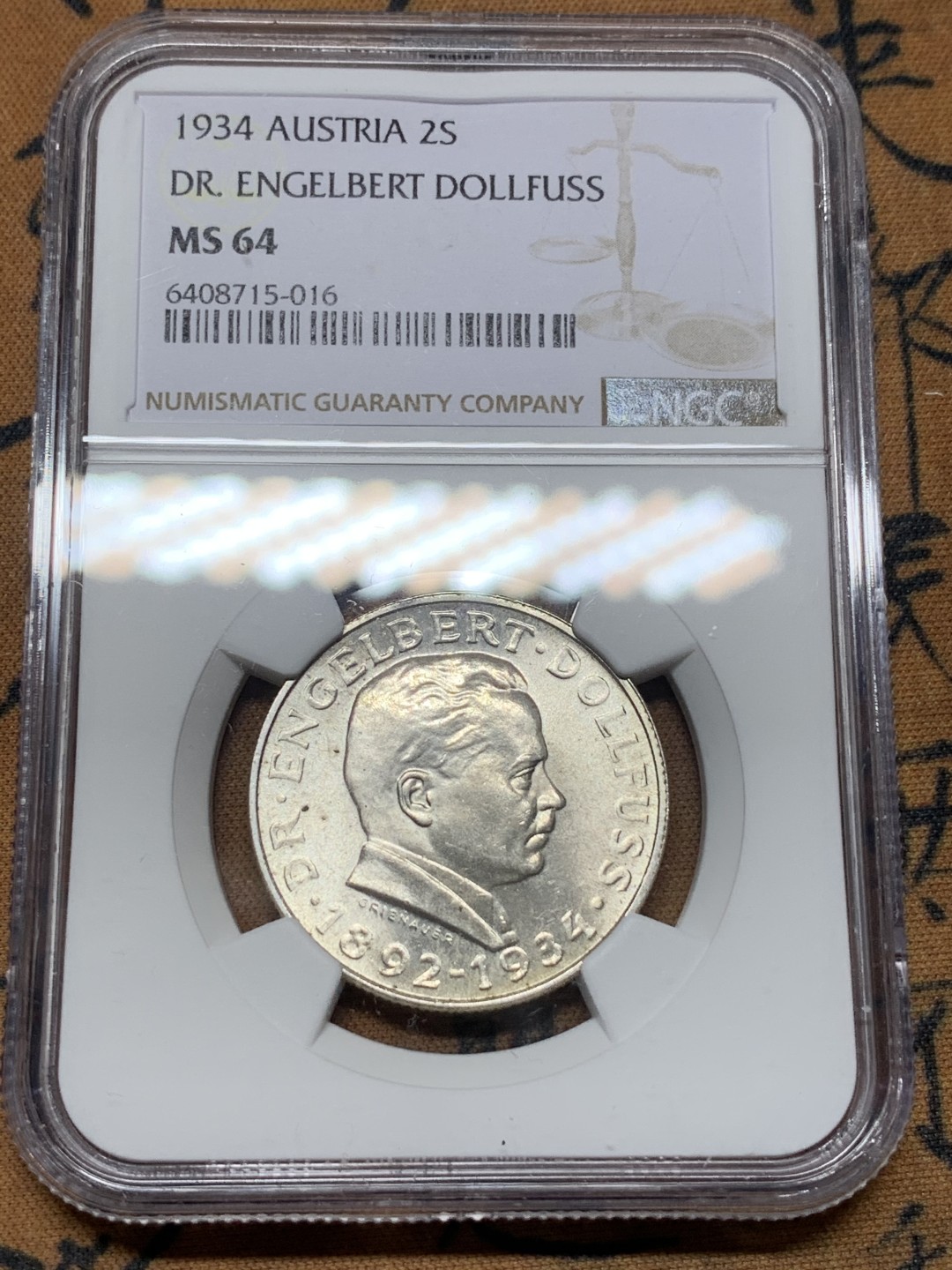 《竞宝斋》第113场-周日，周一 ，2场连拍（全场包邮） NGC-MS64 奥地利1934年 恩格尔伯特·陶尔斐斯逝世纪念 2先令银币 少见品种 好品好分数