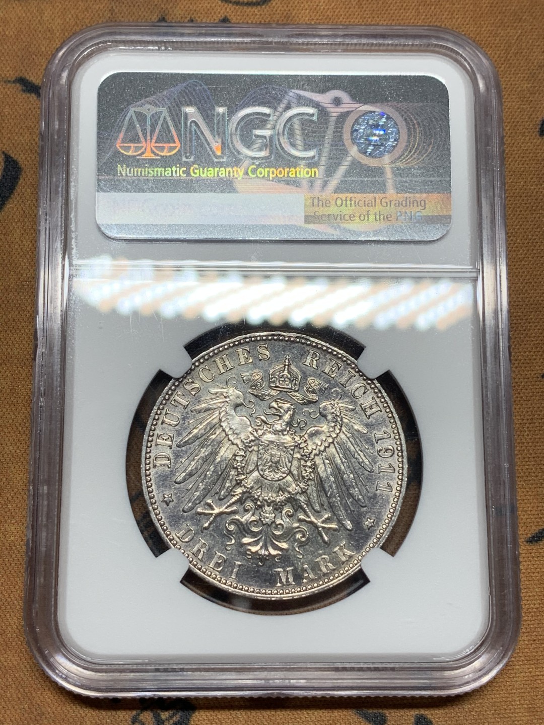 《竞宝斋》第113场-周日，周一 ，2场连拍（全场包邮） NGC PF62 德国巴伐利亚1911年利奥波德90诞辰纪念精制3马克银币