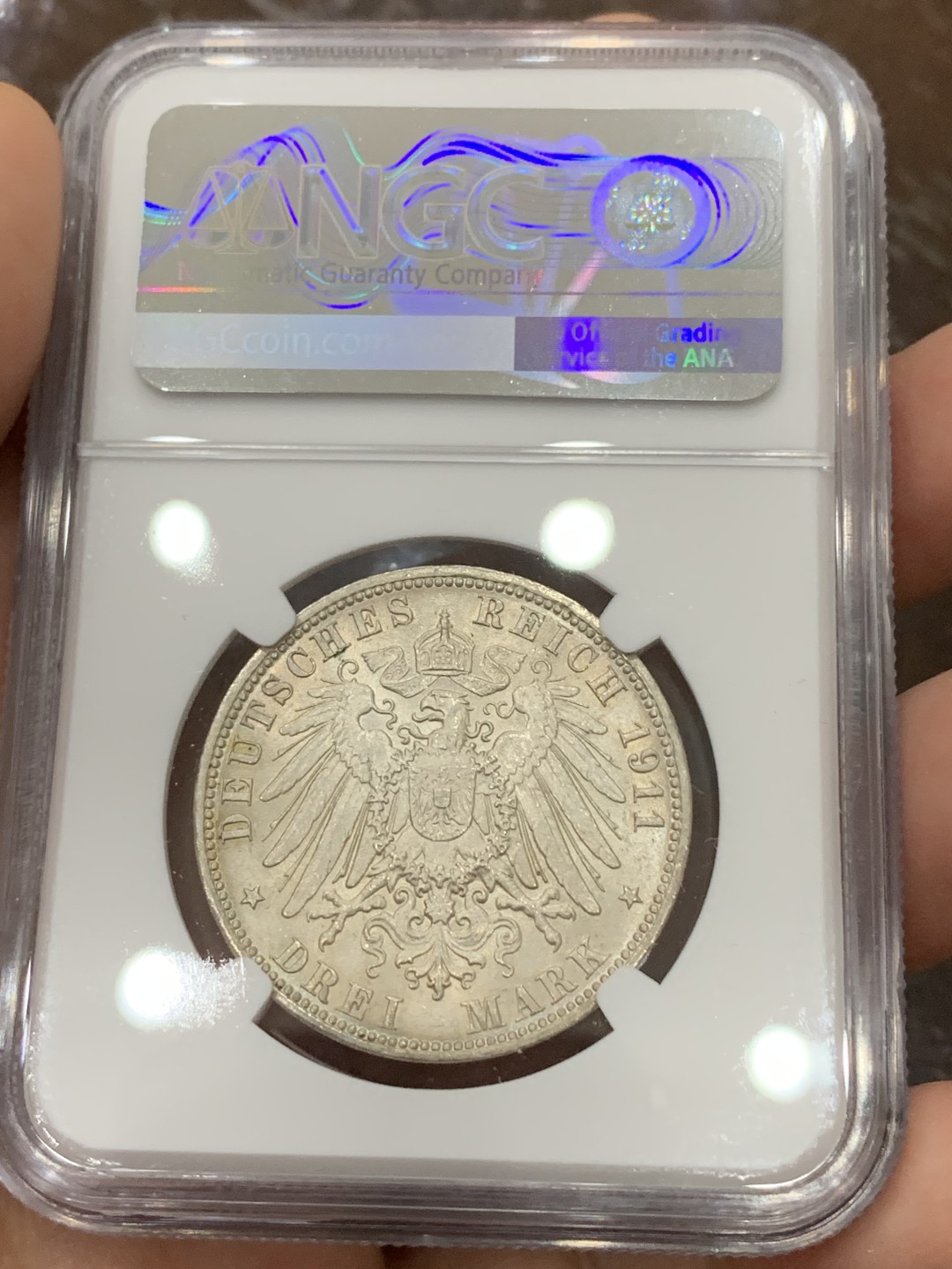 《竞宝斋》第113场-周日，周一 ，2场连拍（全场包邮） NGC-MS65 德国汉堡 1911年双狮盾牌 3马克银币 顶级高分 顶呱呱的状态