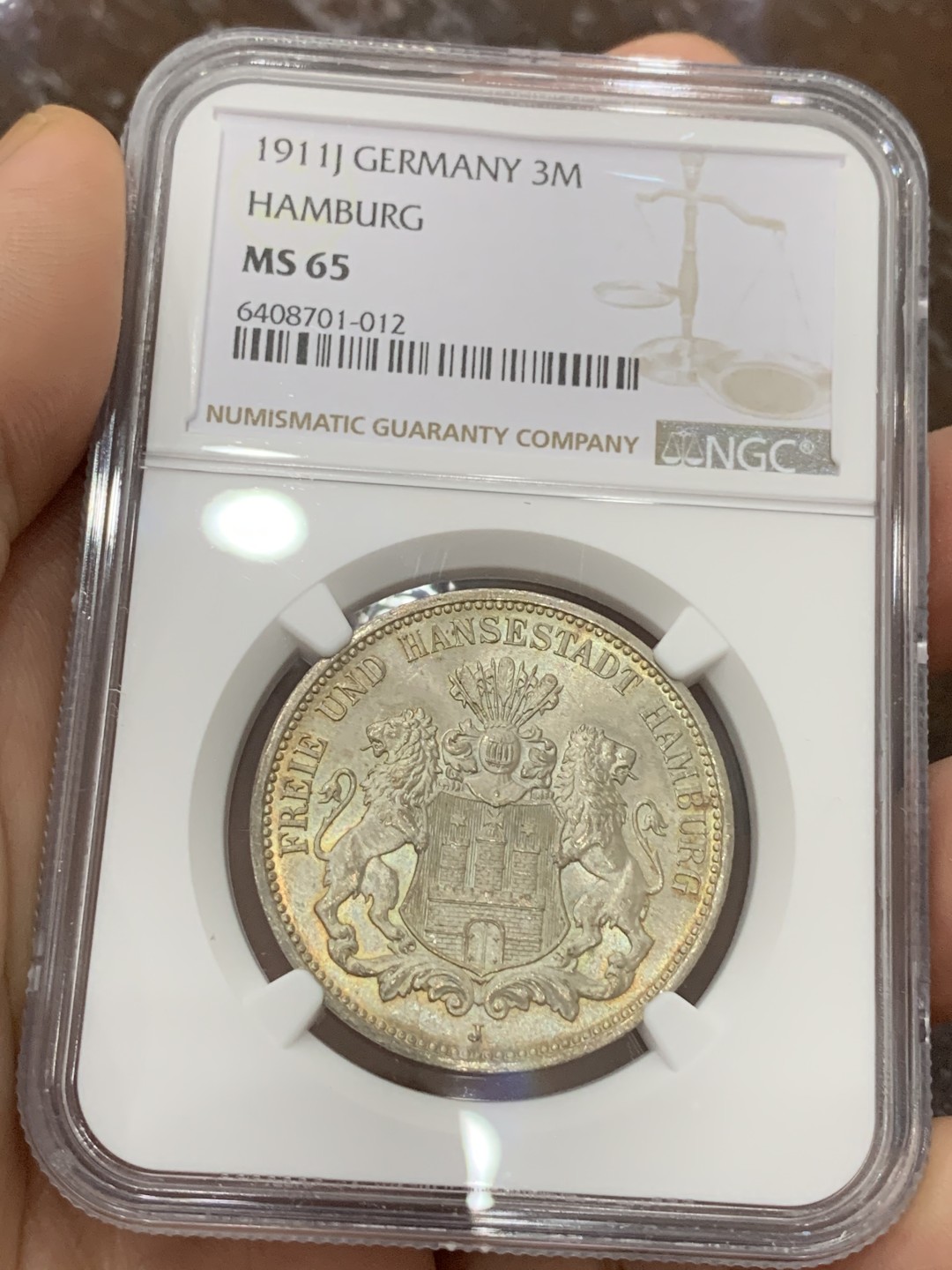 《竞宝斋》第113场-周日，周一 ，2场连拍（全场包邮） NGC-MS65 德国汉堡 1911年双狮盾牌 3马克银币 顶级高分 顶呱呱的状态