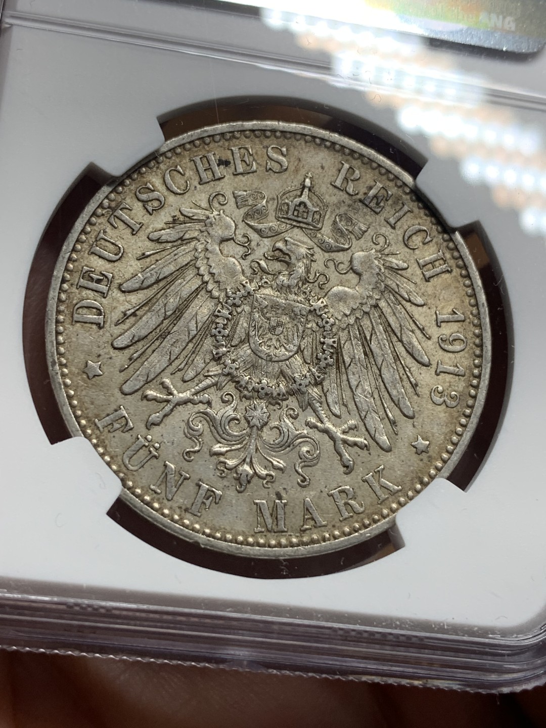 《竞宝斋》第113场-周日，周一 ，2场连拍（全场包邮） NGC-AU58 德国符腾堡 1913年 威廉二世大胡子 5马克银币 原味带彩 非常漂亮