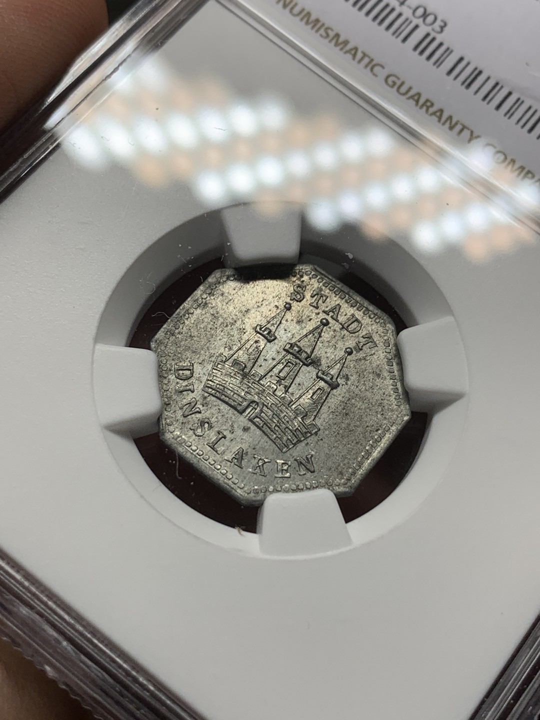 《竞宝斋》第113场-周日，周一 ，2场连拍（全场包邮） NGC-MS63 德紧 德国丁斯拉肯1919年壁冠10芬尼八边形锌币 少见品种