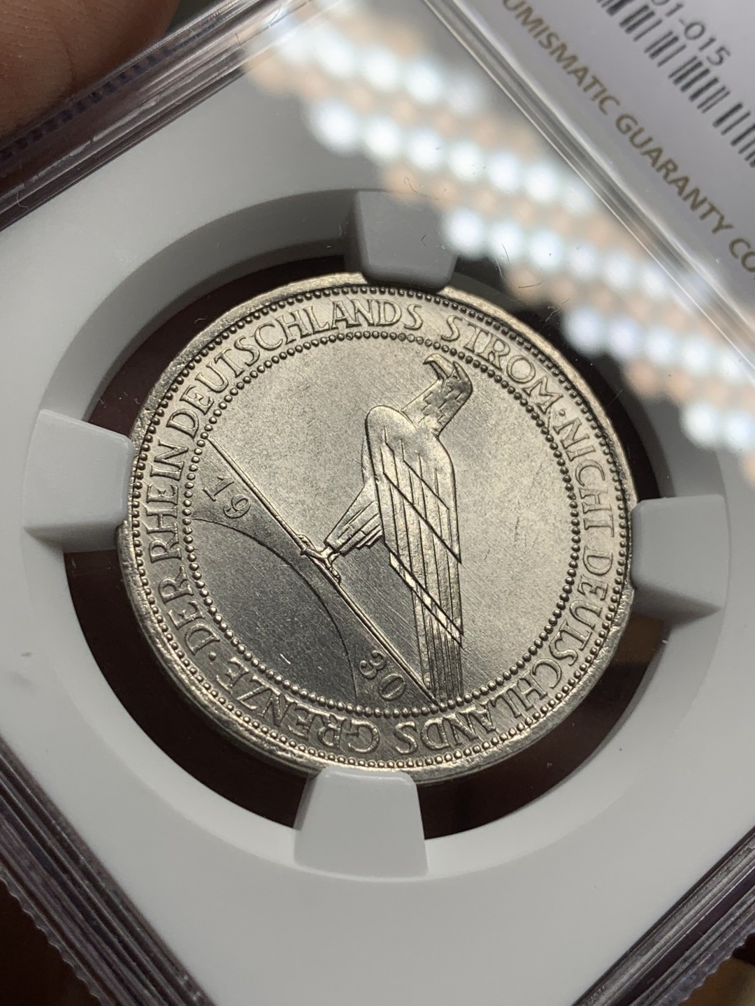 《竞宝斋》第113场-周日，周一 ，2场连拍（全场包邮） NGC-MS61 德国魏玛 1930年鹰桥 3马克银币 粉光 很舒服