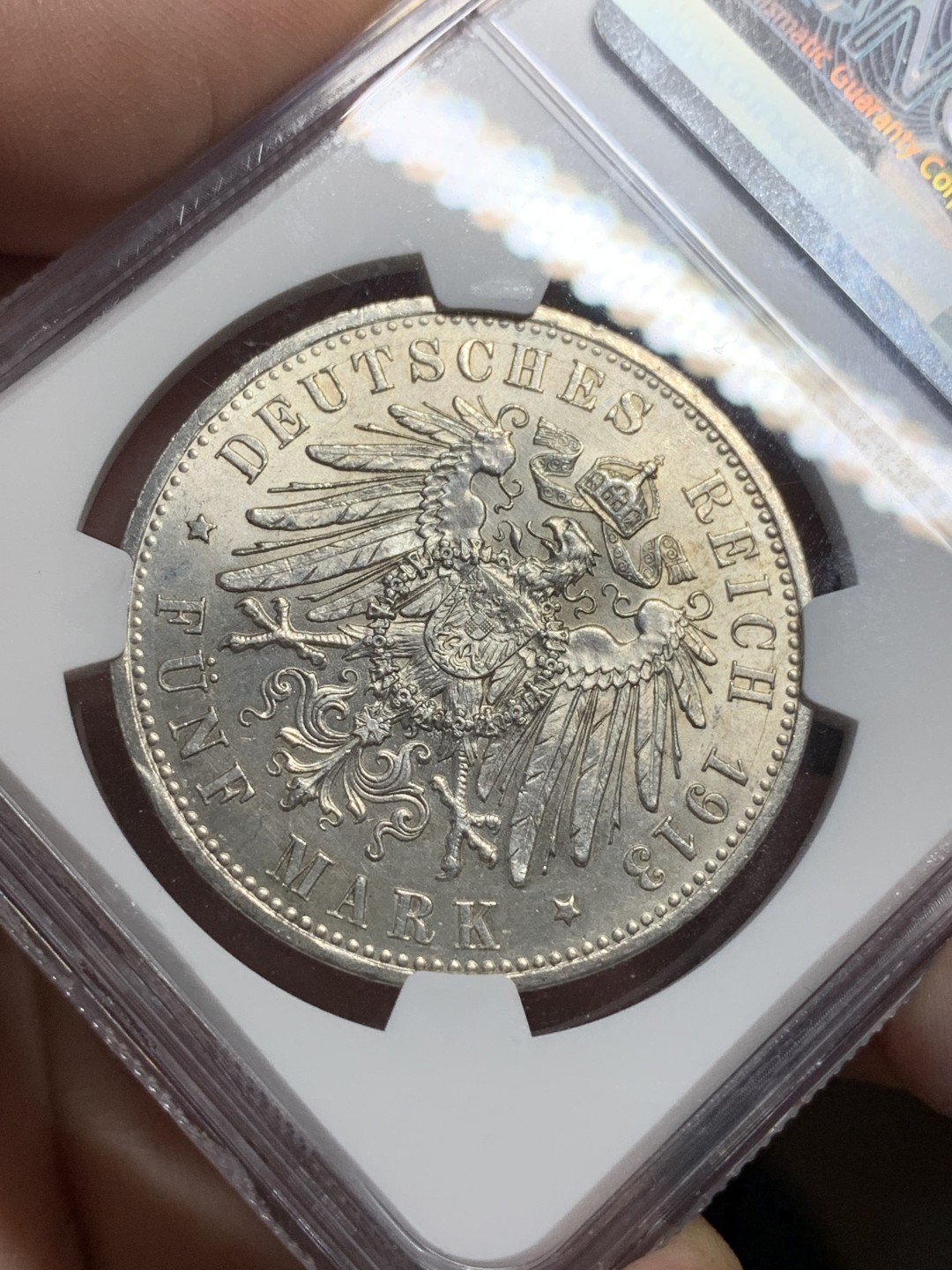 《竞宝斋》第113场-周日，周一 ，2场连拍（全场包邮） NGC MS61  德国 1913年 普鲁士 威廉二世 军装版5马克，强转光，底板清晰，低评