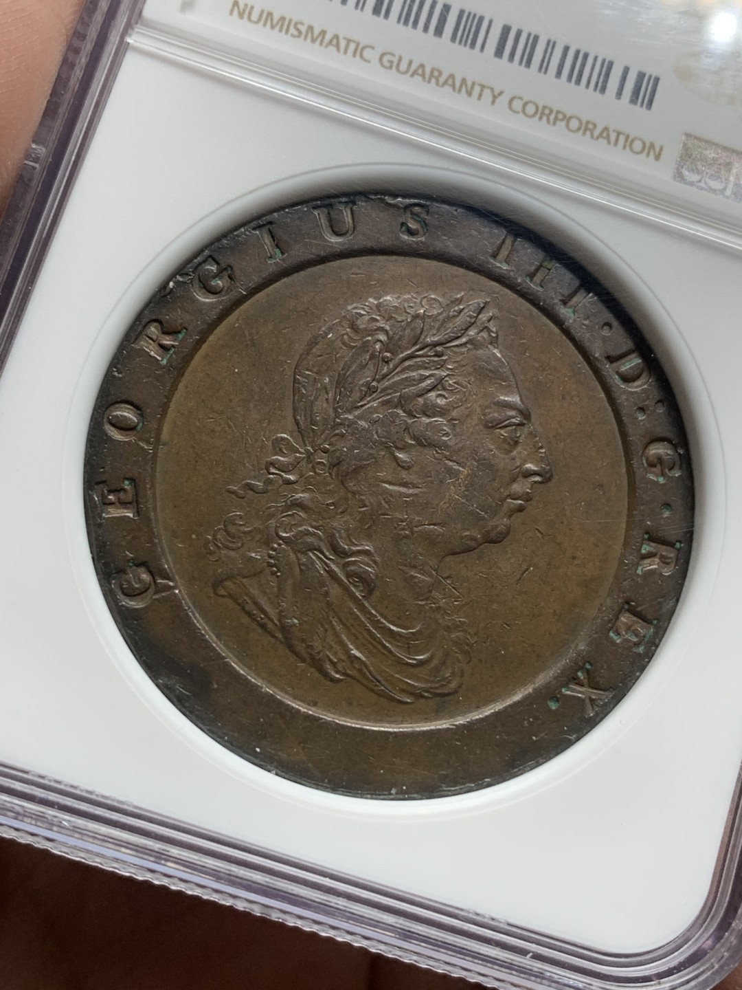 《竞宝斋》第113场-周日，周一 ，2场连拍（全场包邮） NGC-AU58 英国1797年车轮2便士Soho mint经典品种加厚盒子手感很好 盒子边有小磕