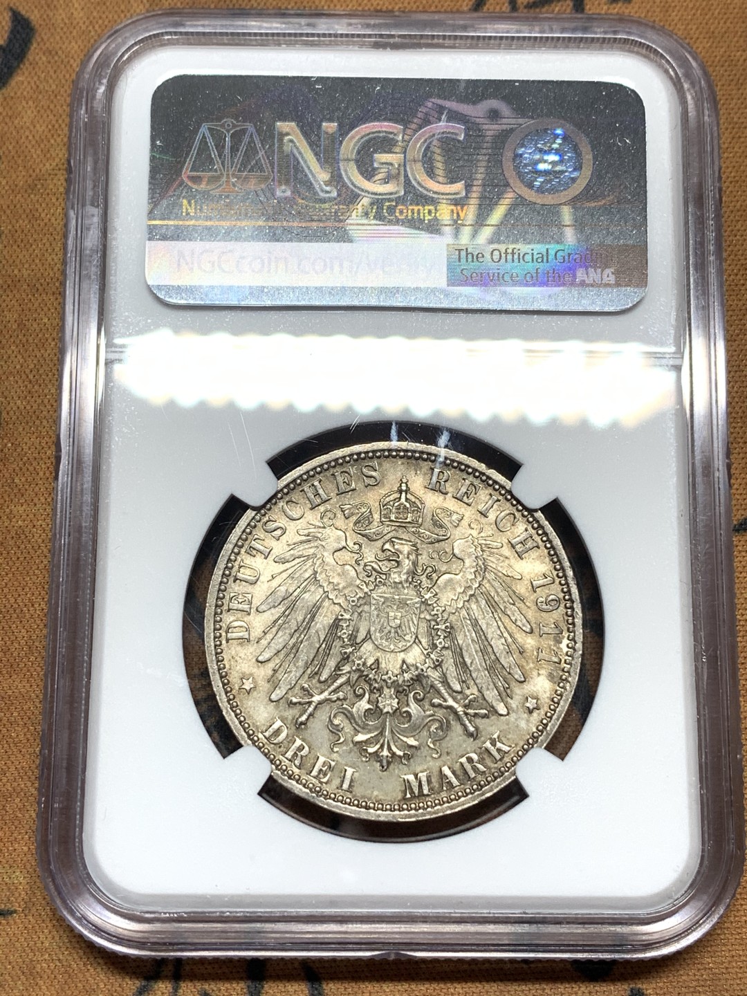 《竞宝斋》第113场-周日，周一 ，2场连拍（全场包邮） NGC-MS64 德国巴伐利亚 1911年 九十周年生日纪念 3马克大银币 欧洲包浆 顶级状态