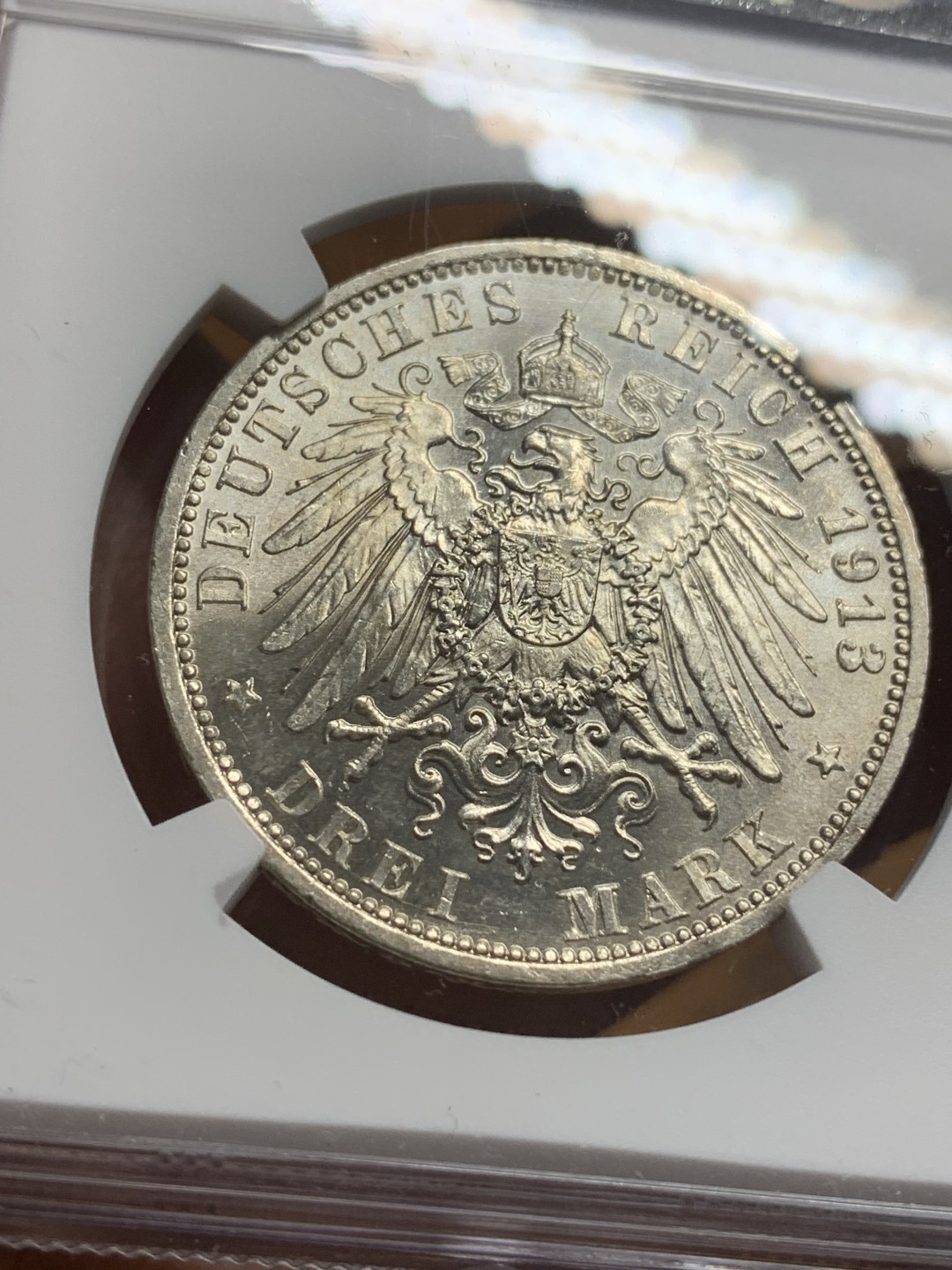 《竞宝斋》第113场-周日，周一 ，2场连拍（全场包邮） NGC-MS63 德国普鲁士 1913年 军装版威廉二世 3马克银币 原光好品 一流的状态