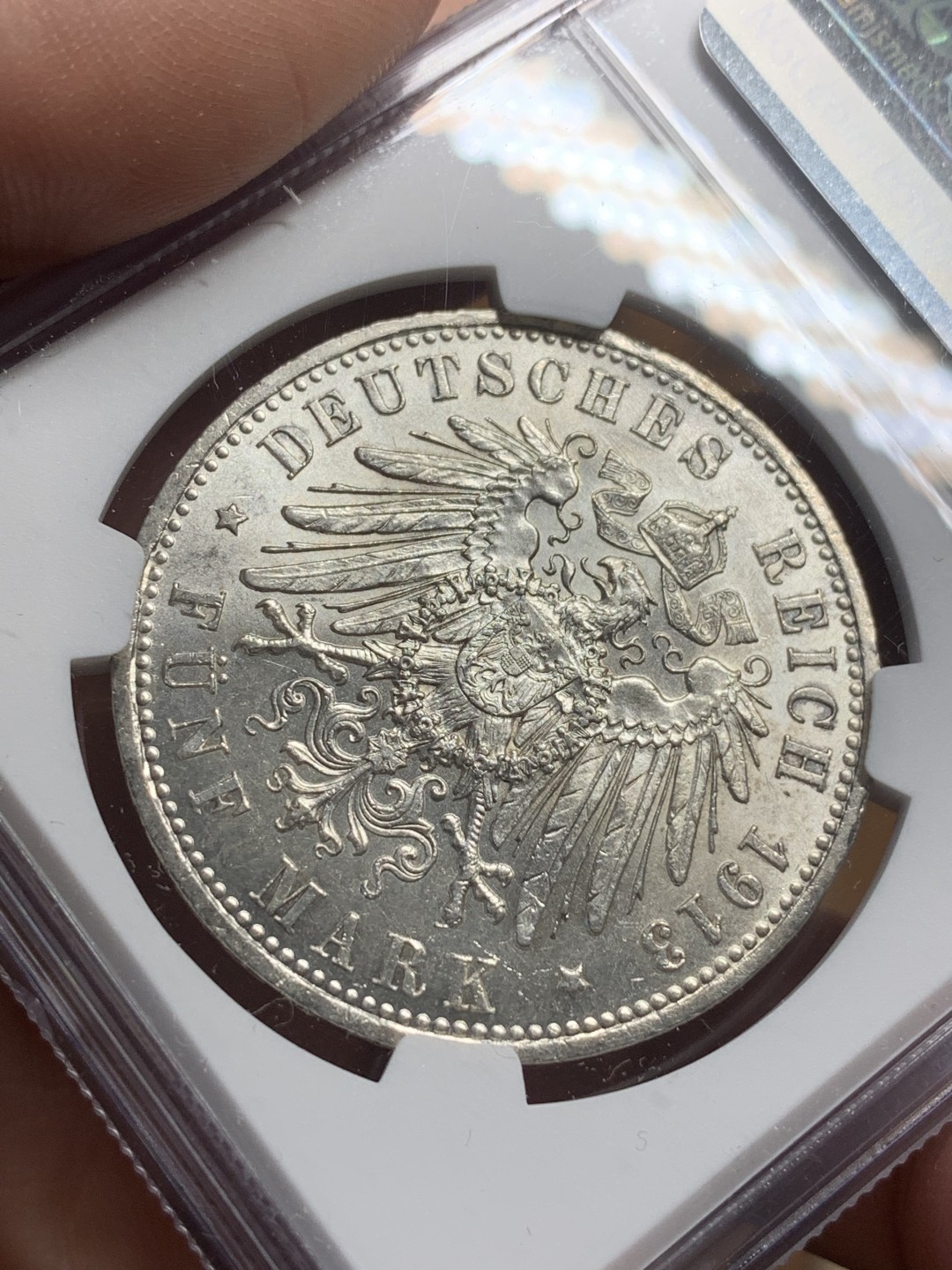 《竞宝斋》第113场-周日，周一 ，2场连拍（全场包邮） NGC-MS62 德国普鲁士 1913年 军装版威廉二世 5马克大银币 原光好品