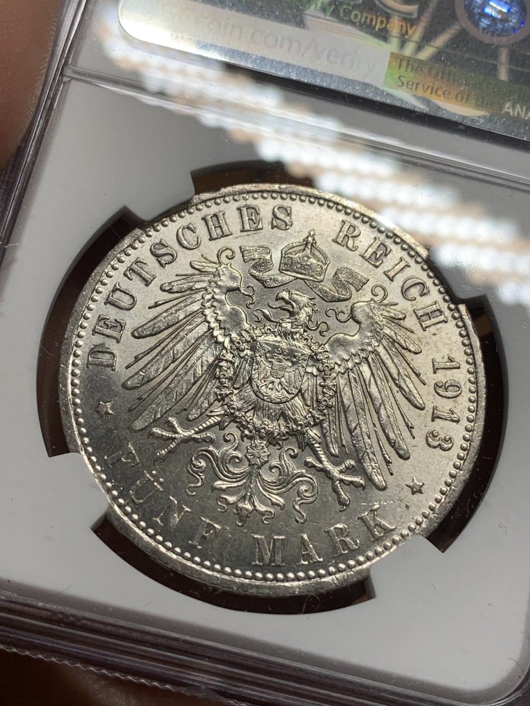 《竞宝斋》第113场-周日，周一 ，2场连拍（全场包邮） NGC-MS62 德国普鲁士 1913年 军装版威廉二世 5马克大银币 原光好品