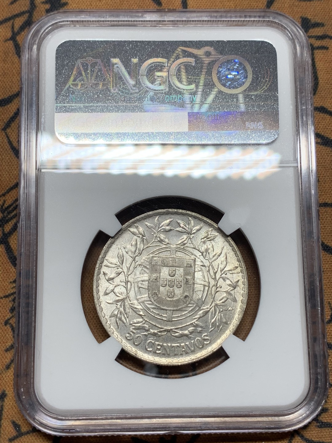 《竞宝斋》第113场-周日，周一 ，2场连拍（全场包邮） NGC-MS63 葡萄牙1916年 自由女神头像 50分银币 原光好品