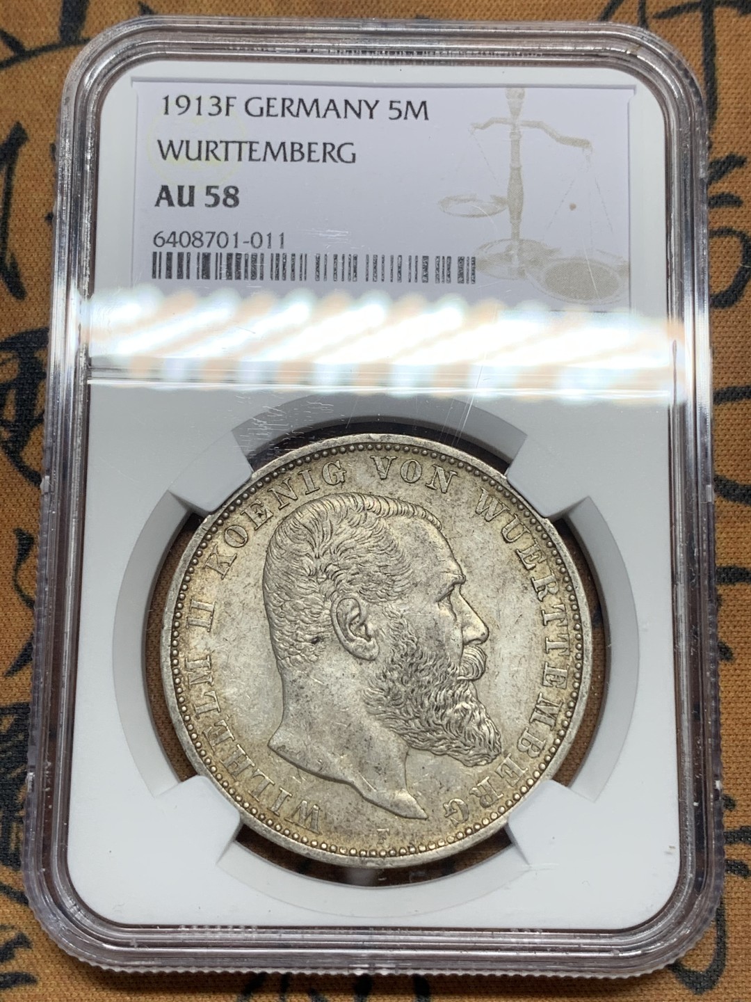 《竞宝斋》第113场-周日，周一 ，2场连拍（全场包邮） NGC-AU58 德国符腾堡 1913年 威廉二世大胡子 5马克银币 原味带彩 非常漂亮