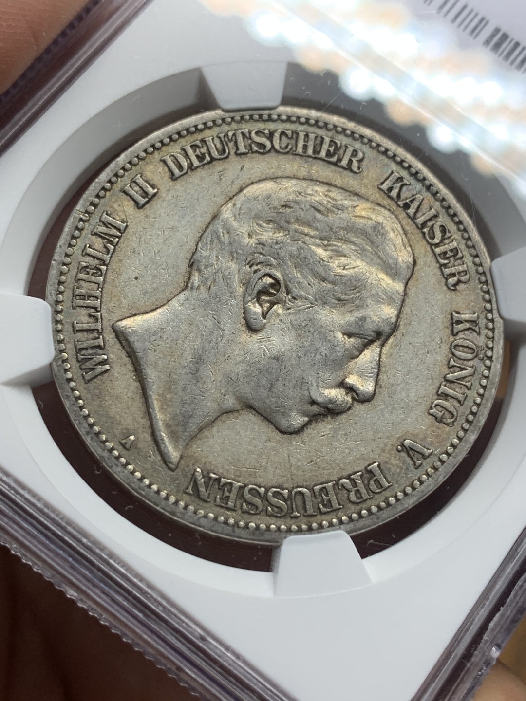 《竞宝斋》第113场-周日，周一 ，2场连拍（全场包邮） NGC-AU50 德国普鲁士 1902年 威廉二世 5马克大银币 原味好品 出分难