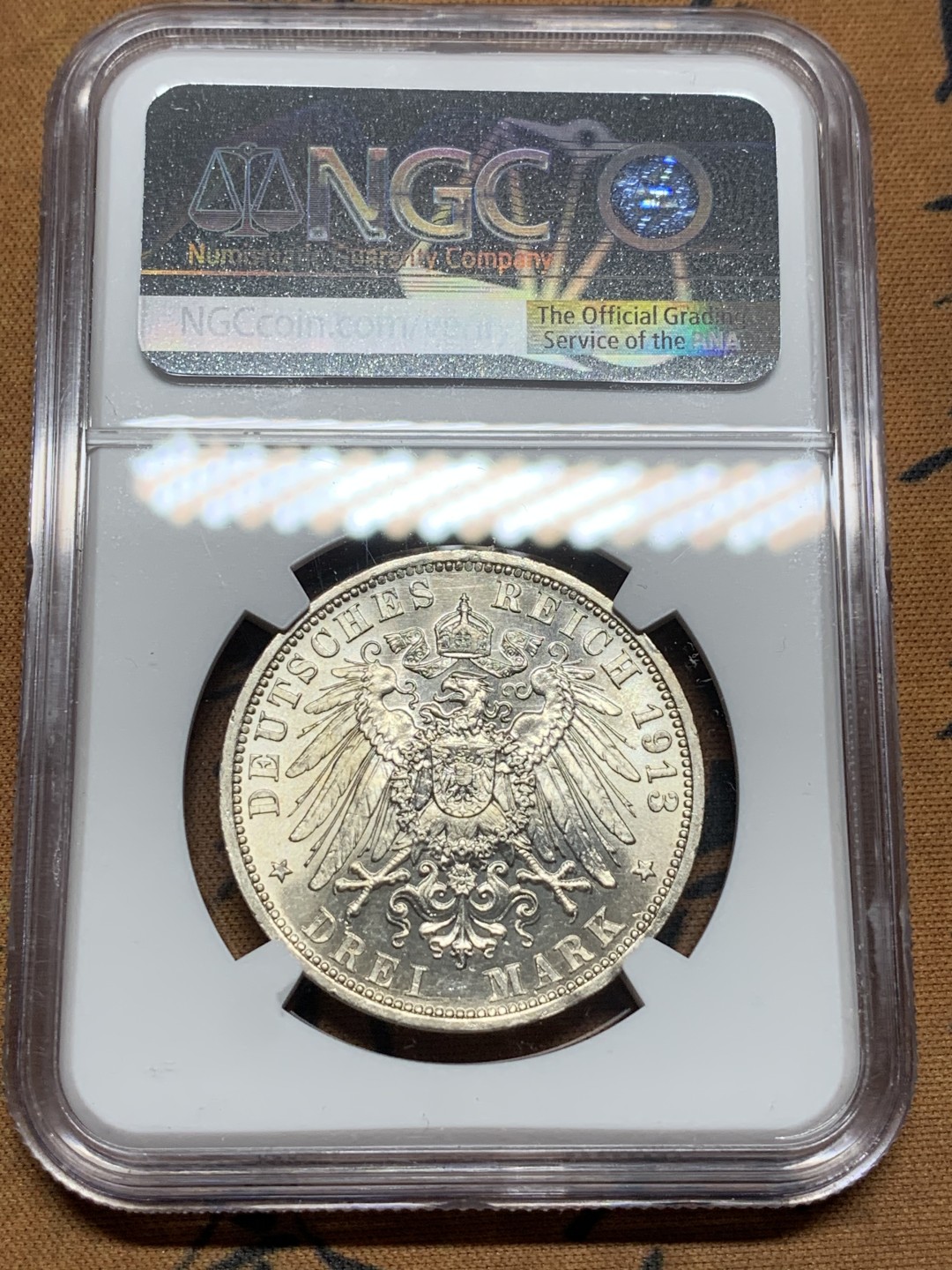 《竞宝斋》第113场-周日，周一 ，2场连拍（全场包邮） NGC-MS63 德国普鲁士 1913年 军装版威廉二世 3马克银币 原光好品 一流的状态