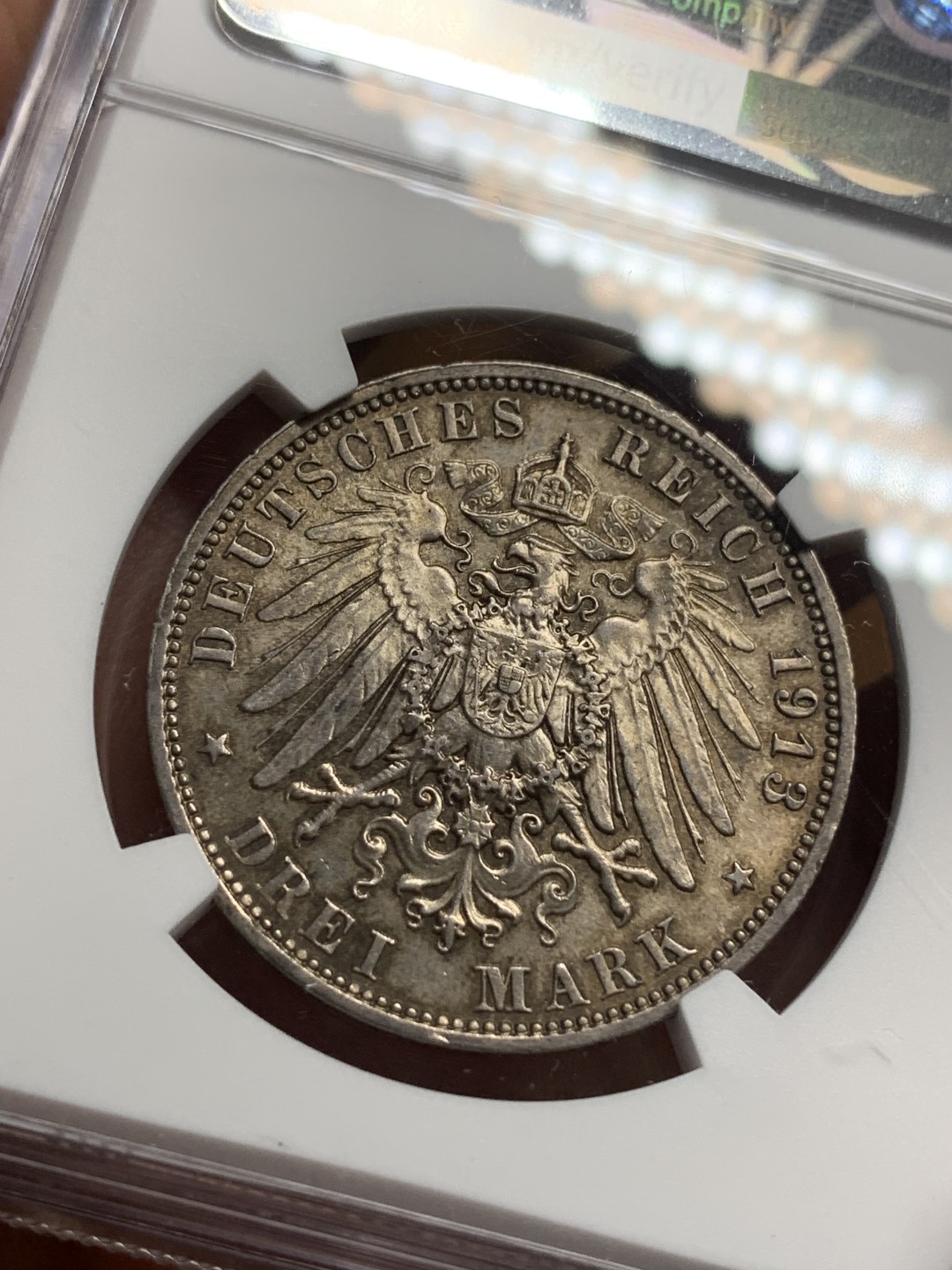 《竞宝斋》第113场-周日，周一 ，2场连拍（全场包邮） NGC-MS62 德国萨克森1913年 建功碑3马克 银币 原光带彩