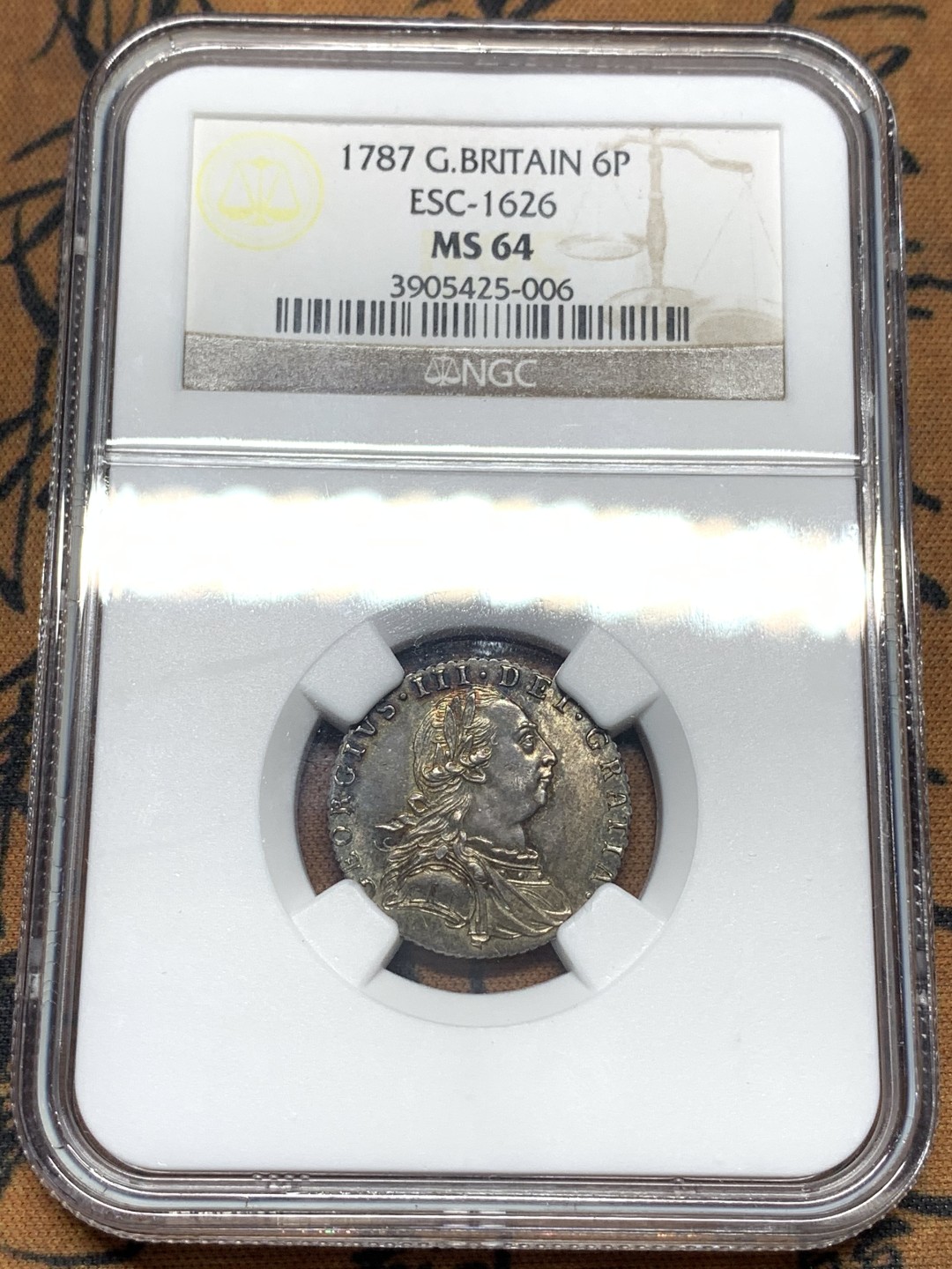 《竞宝斋》第113场-周日，周一 ，2场连拍（全场包邮） NGC MS64 英国乔三 1787 6便士 无心版 高分稀少品种