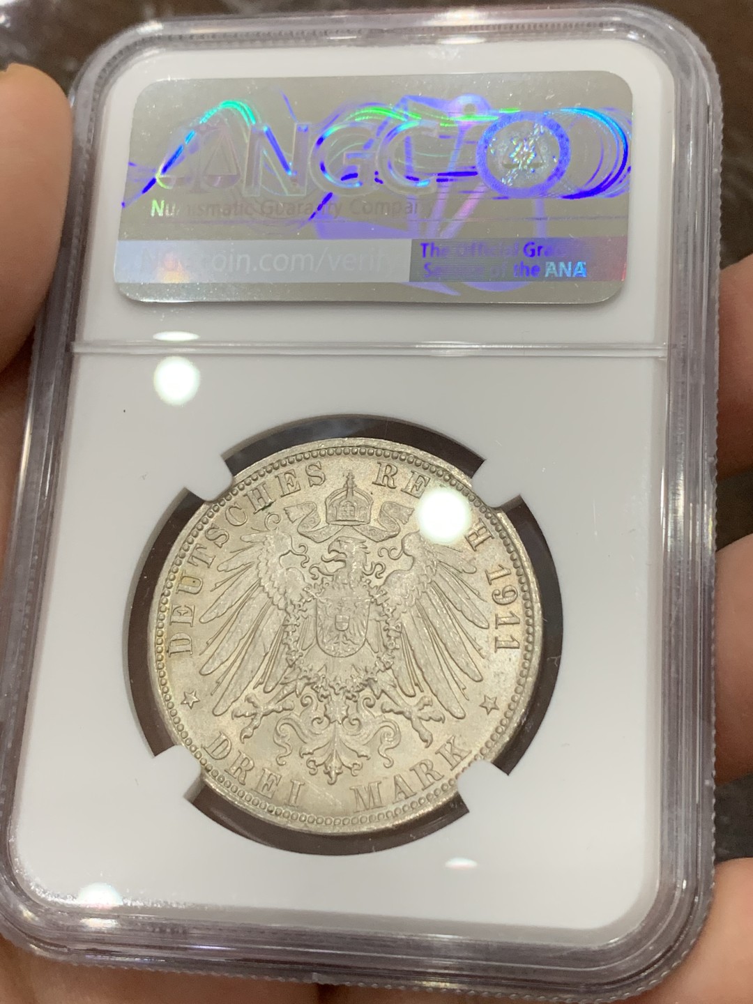 《竞宝斋》第113场-周日，周一 ，2场连拍（全场包邮） NGC-MS65 德国汉堡 1911年双狮盾牌 3马克银币 顶级高分 顶呱呱的状态