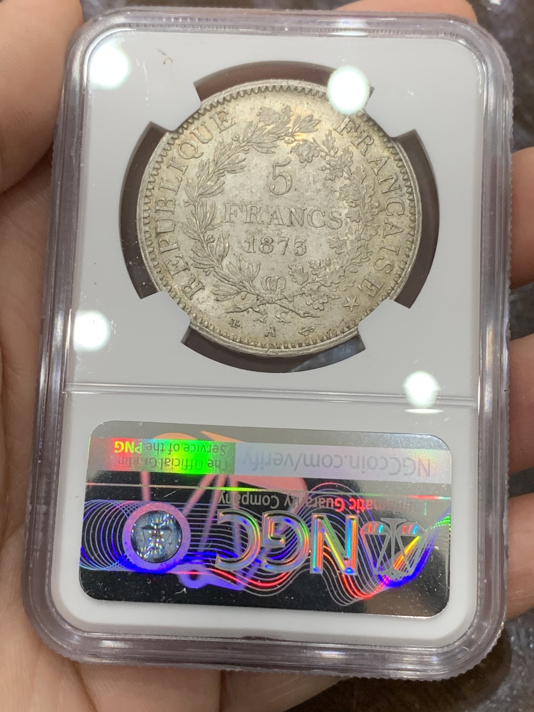 《竞宝斋》第113场-周日，周一 ，2场连拍（全场包邮） NGC-MS62 法国1873年 大力神 5法郎大银币 原光带彩