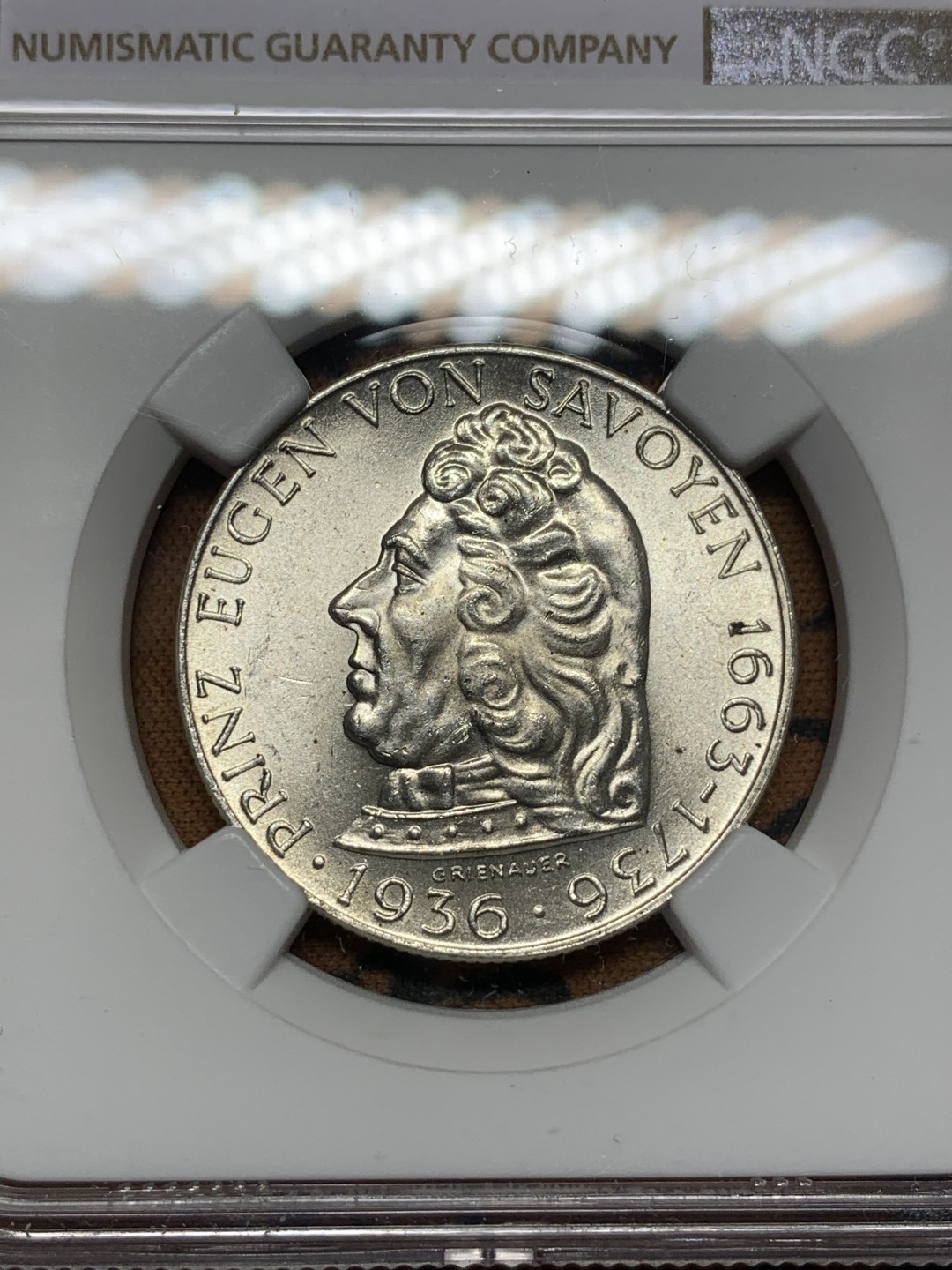 《竞宝斋》第113场-周日，周一 ，2场连拍（全场包邮） NGC-MS64 奥地利1936年 欧根亲王 2先令银币 顶级品相