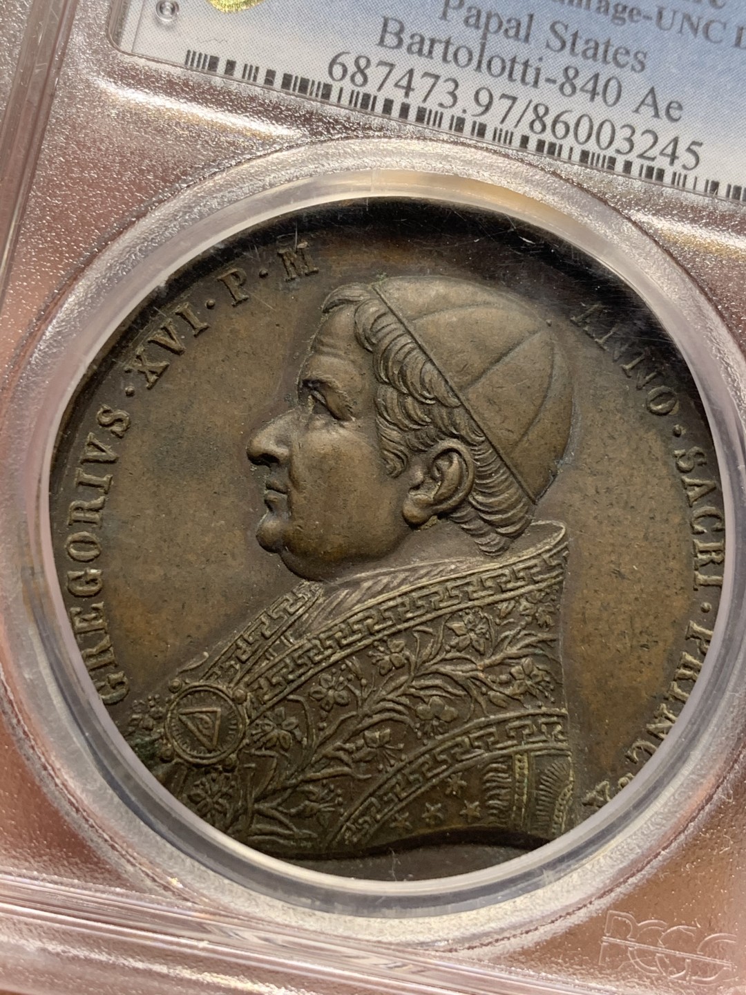 《竞宝斋》第113场-周日，周一 ，2场连拍（全场包邮） PCGS UNC 教皇国 1831-46年 格里高利十六世 罗马里佩塔大道 纪念铜章 加厚盒装 包浆古朴