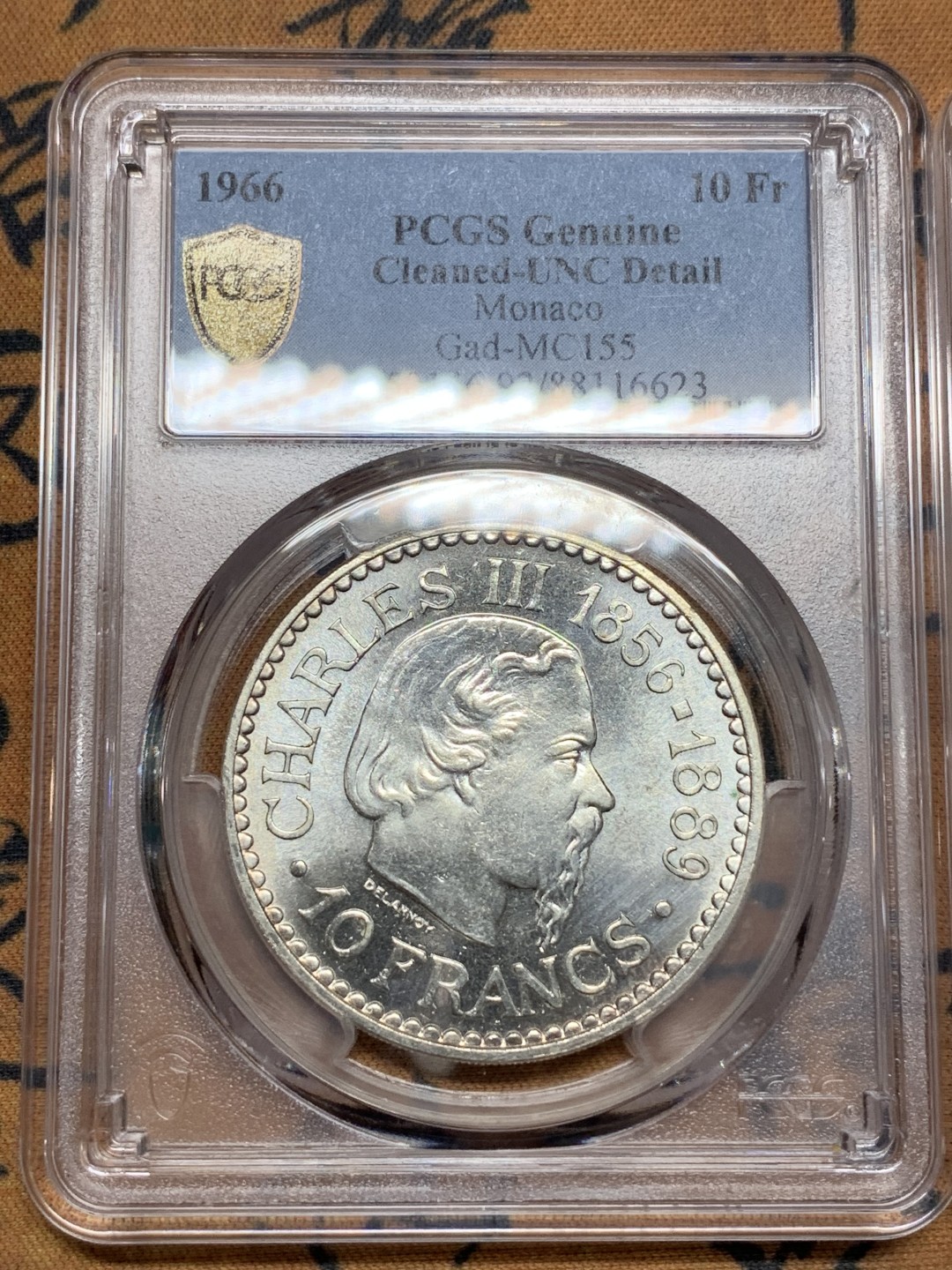 《竞宝斋》第113场-周日，周一 ，2场连拍（全场包邮） PCGS金盾 摩纳哥1966年5、10法郎银币一对