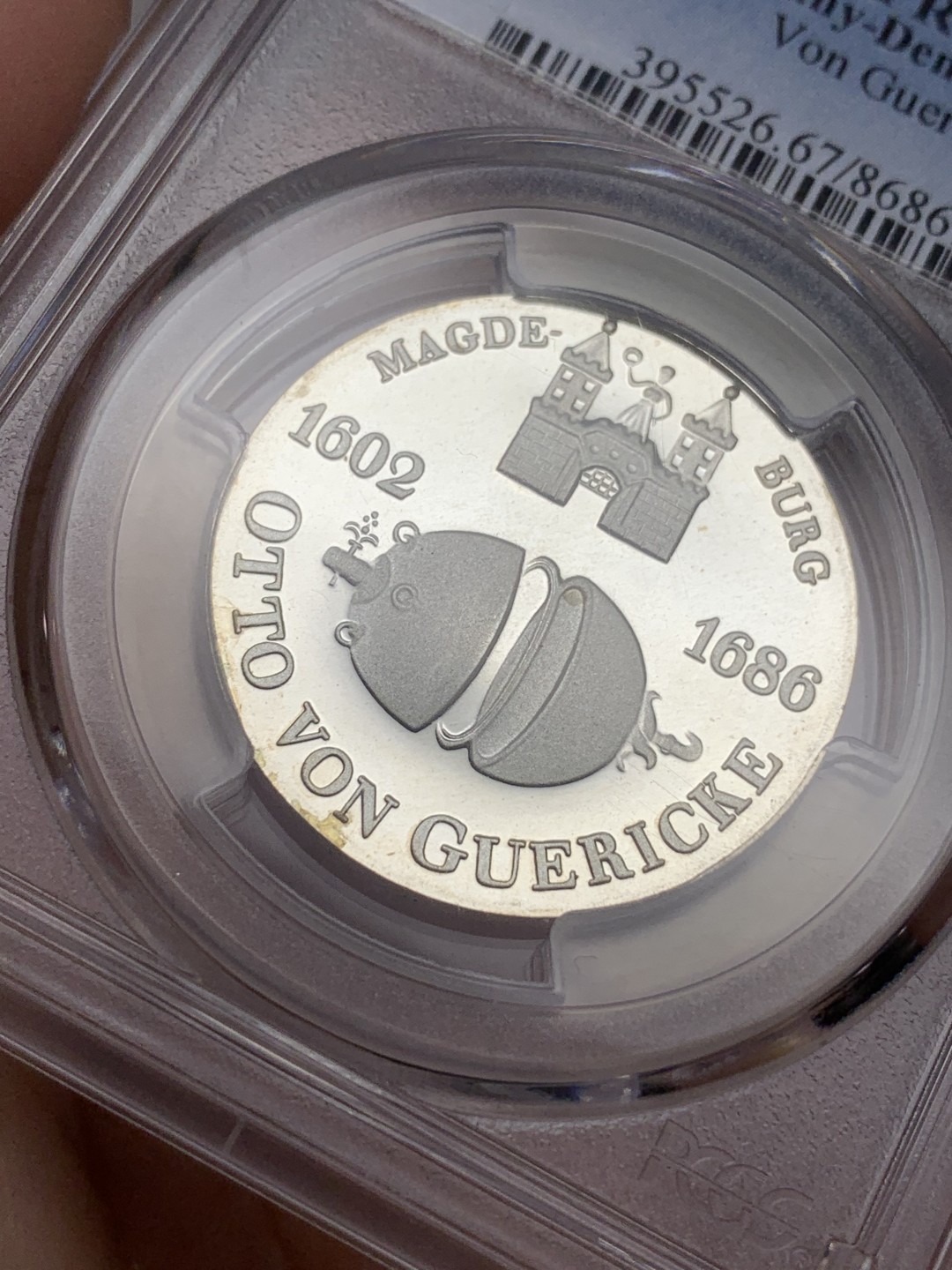 《竞宝斋》第113场-周日，周一 ，2场连拍（全场包邮） PCGS-PR67DCAM 民主德国（东德）1977年 10马克 纪念奥托冯格里克 马德堡半球实验 精制纪念银币 很少见 P盒亚军分 发行量仅6000枚 外拍成交价在170-200刀左右