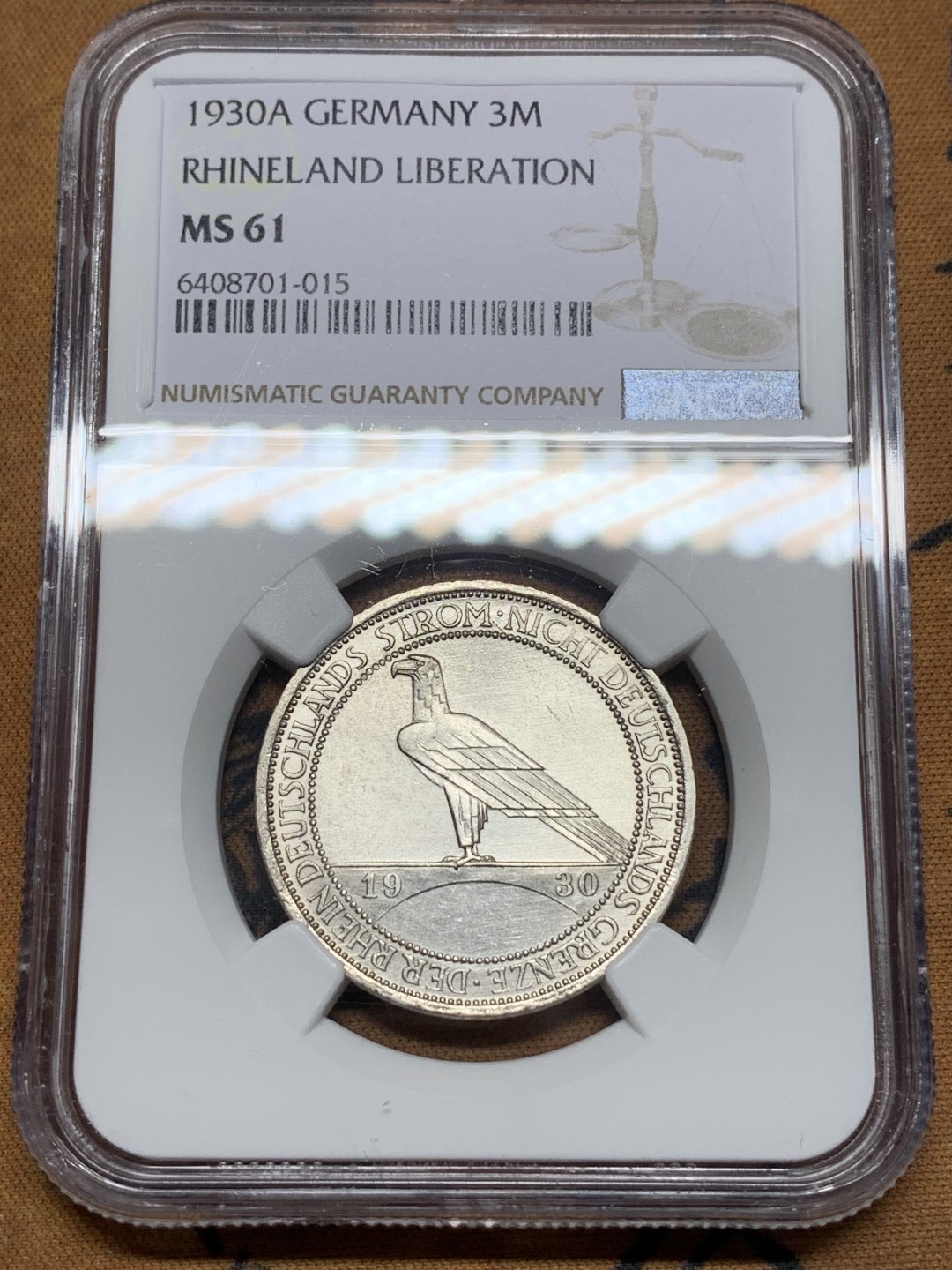 《竞宝斋》第113场-周日，周一 ，2场连拍（全场包邮） NGC-MS61 德国魏玛 1930年鹰桥 3马克银币 粉光 很舒服