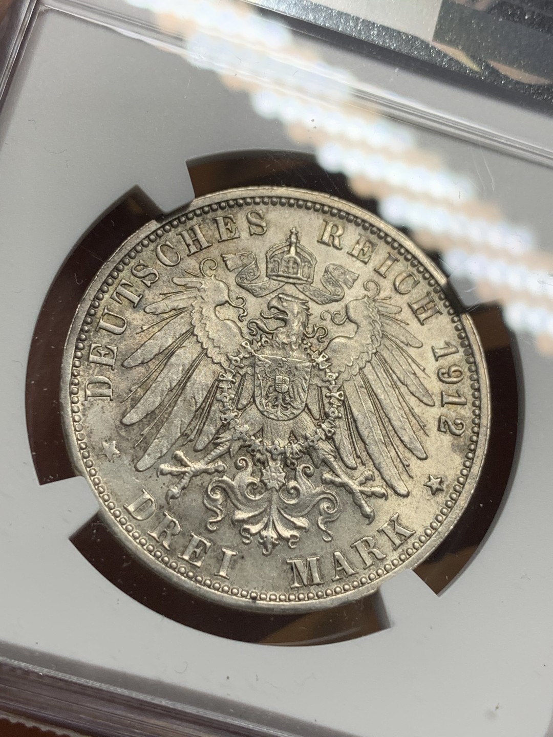 《竞宝斋》第113场-周日，周一 ，2场连拍（全场包邮） NGC-MS62 德国符腾堡 1912年 威廉二世 3马克银币 原光好品