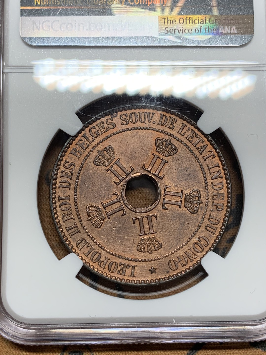 《竞宝斋》第113场-周日，周一 ，2场连拍（全场包邮） NGC-UNC 比属刚果 1887年 10分大铜板 五星图案非常漂亮 看不出洗 也被枪毙了 