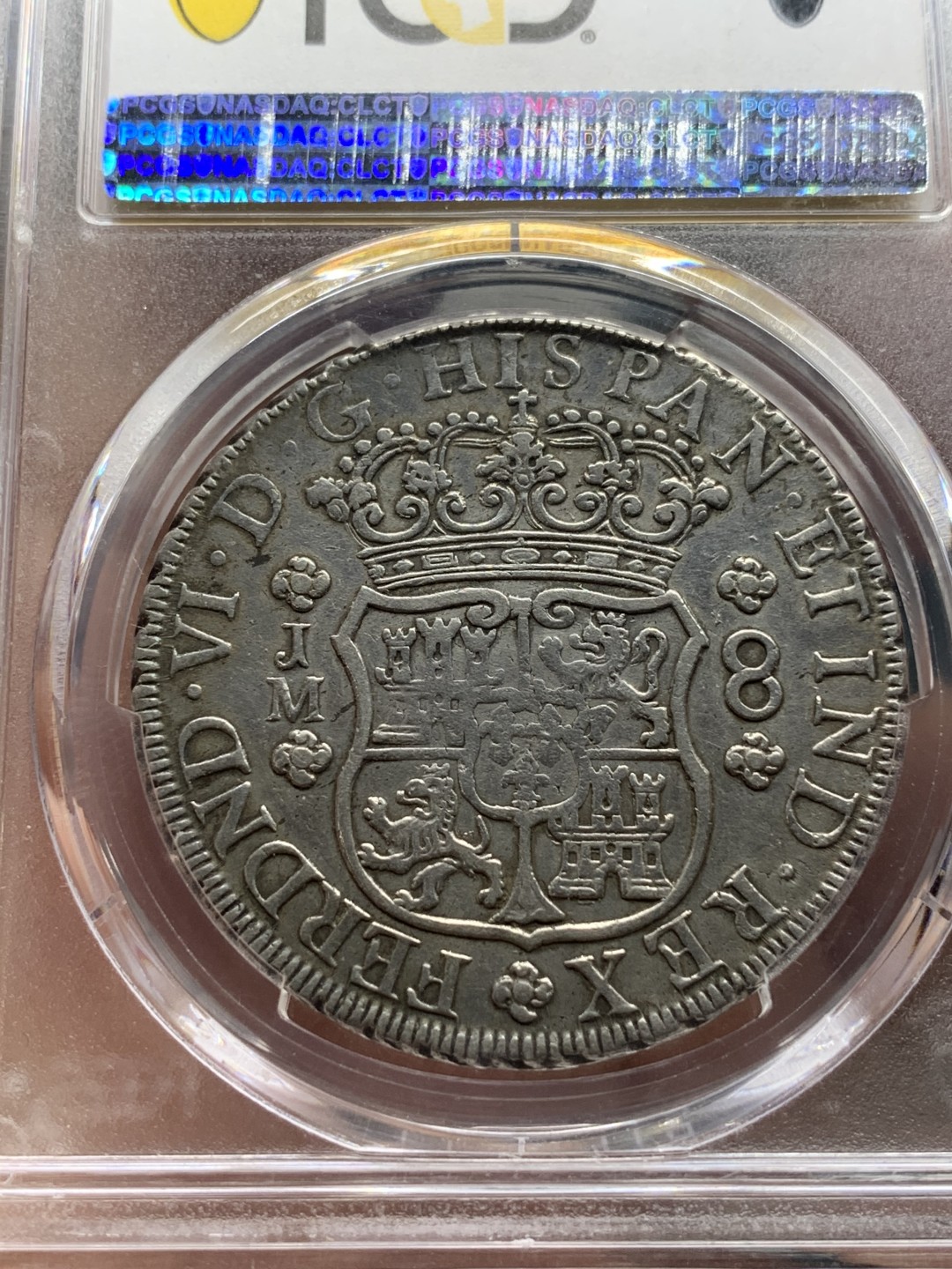 《竞宝斋》第113场-周日，周一 ，2场连拍（全场包邮） 亚军分 PCGS XF40 秘鲁 1758/7 骑字版版 中期 8R 双柱大银币，冠军分是一枚AU50,秘鲁相对不多，骑字的秘鲁更为难得，比较好的品种 请勿错过