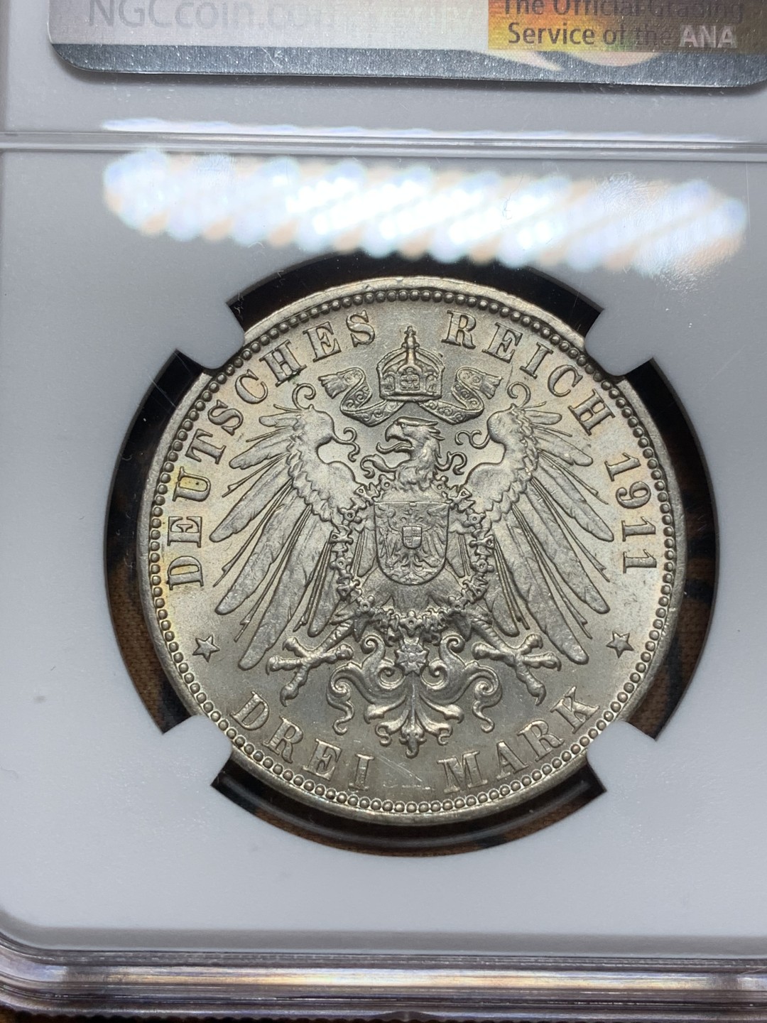 《竞宝斋》第113场-周日，周一 ，2场连拍（全场包邮） NGC-MS65 德国汉堡 1911年双狮盾牌 3马克银币 顶级高分 顶呱呱的状态