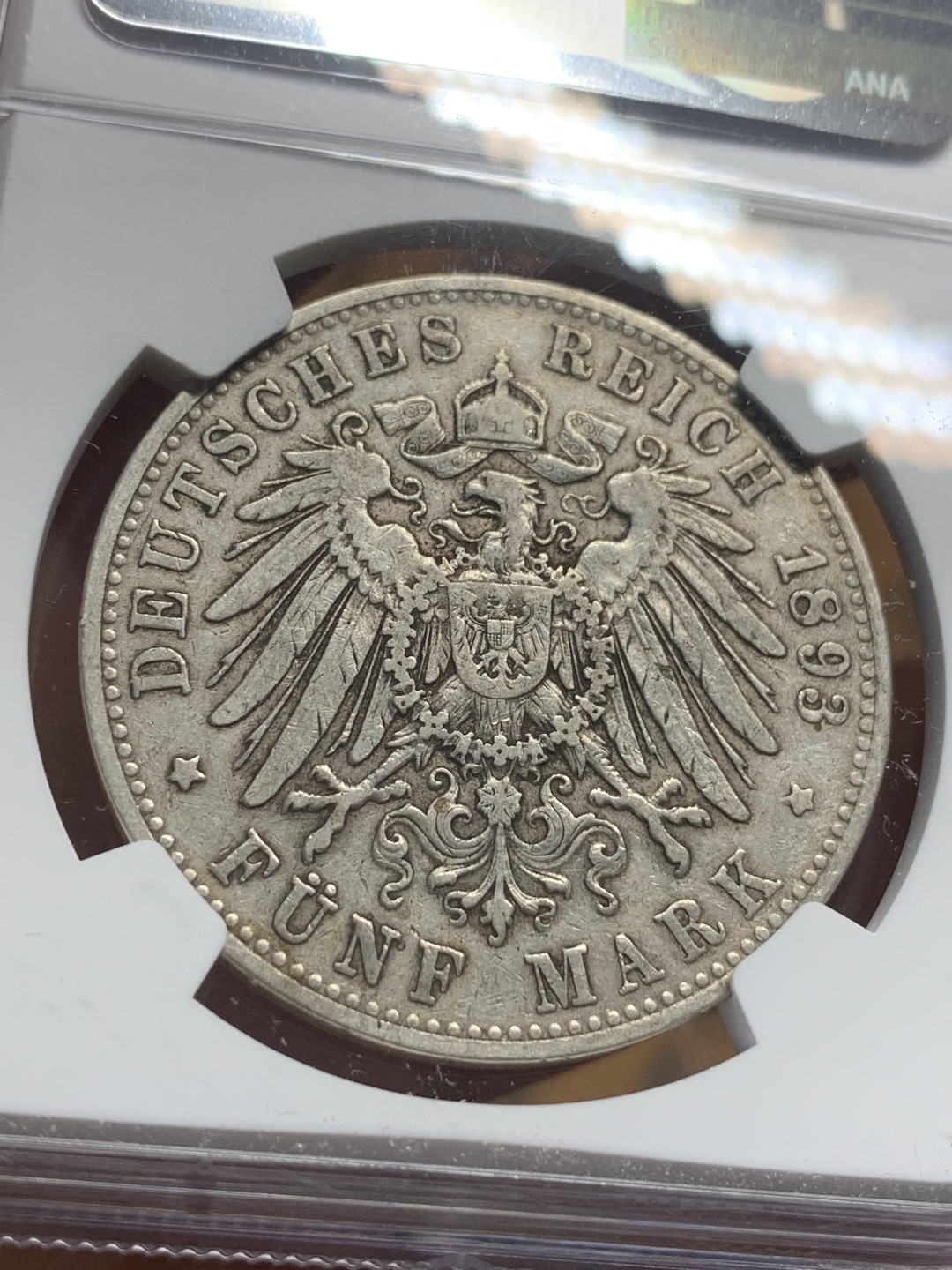 《竞宝斋》第113场-周日，周一 ，2场连拍（全场包邮） 第三名 NGC-XF45 德国汉堡 1893年 早期双狮盾牌5马克 大银币 早期年份出分不易