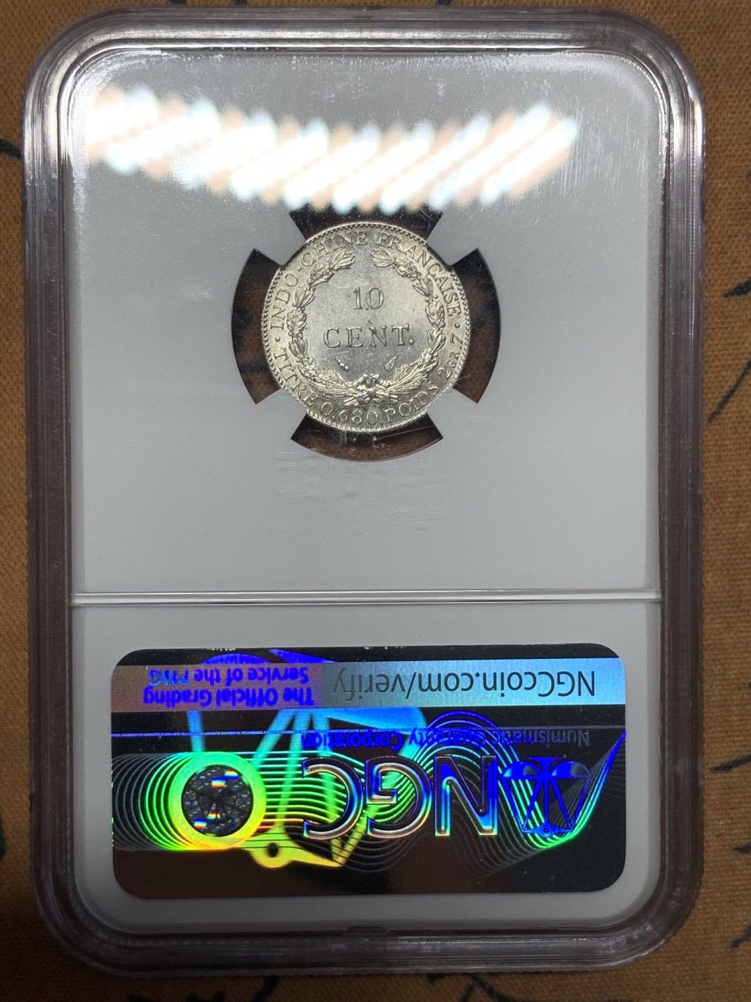 《竞宝斋》第113场-周日，周一 ，2场连拍（全场包邮） NGC MS64 1937年法属印支坐洋10分银币 压印十分好的一枚